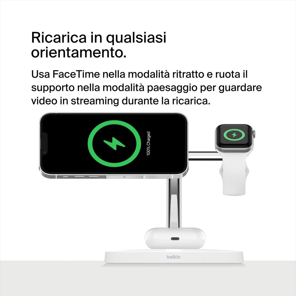 Belkin BoostCharge Caricatore 3 in 1 con Qi2, base di ricarica wireless compatibile con MagSafe, caricatore iPhone 17, Air, Pixelsnap, Apple Watch e AirPods, alimentatore incluso - Nero - ChargeCover