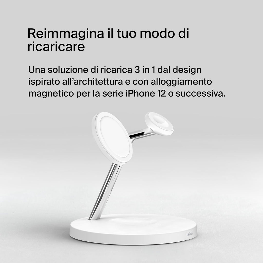 Belkin BoostCharge Caricatore 3 in 1 con Qi2, base di ricarica wireless compatibile con MagSafe, caricatore iPhone 17, Air, Pixelsnap, Apple Watch e AirPods, alimentatore incluso - Nero - ChargeCover