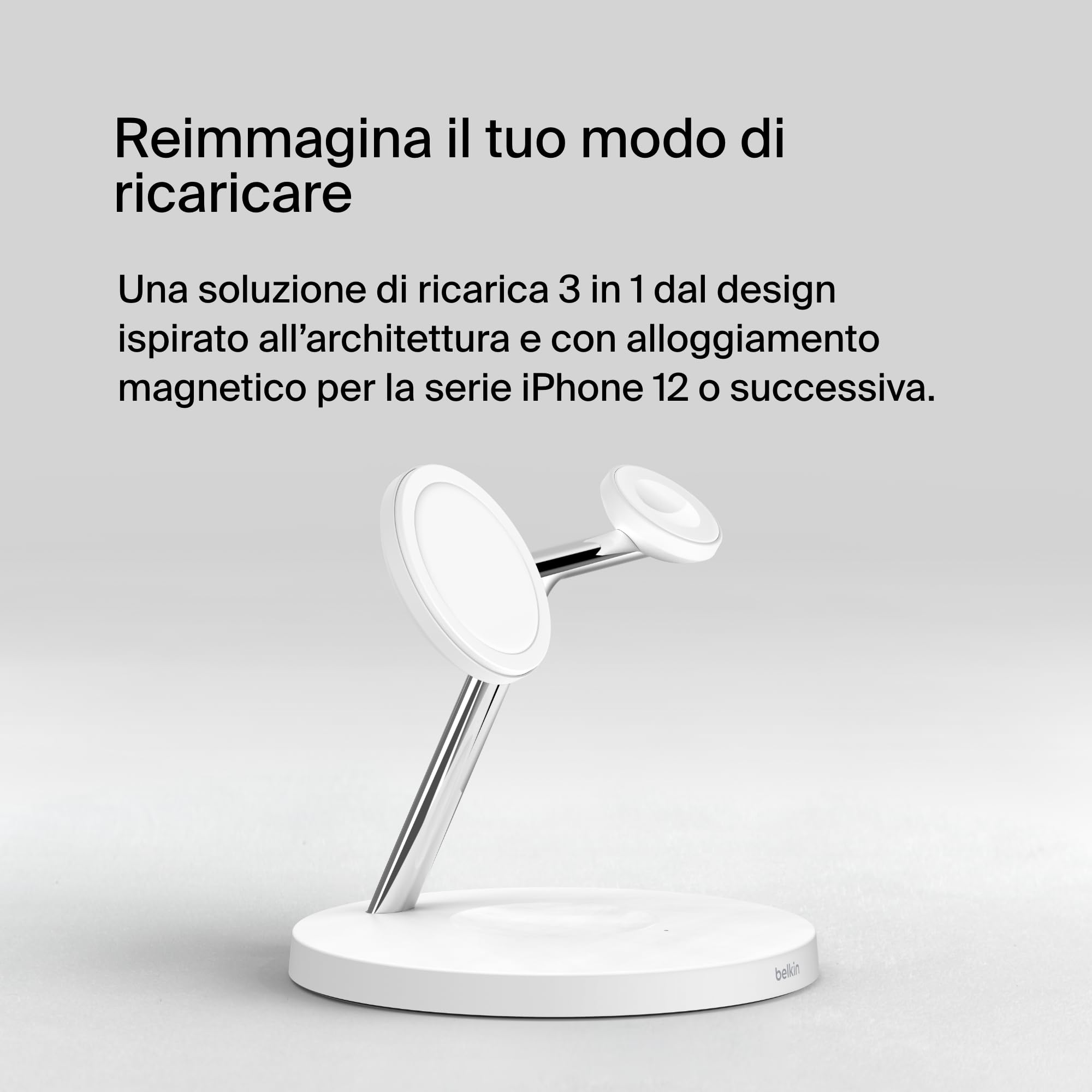 Belkin BoostCharge Caricatore 3 in 1 con Qi2, base di ricarica wireless compatibile con MagSafe, caricatore iPhone 17, Air, Pixelsnap, Apple Watch e AirPods, alimentatore incluso - Nero - ChargeCover