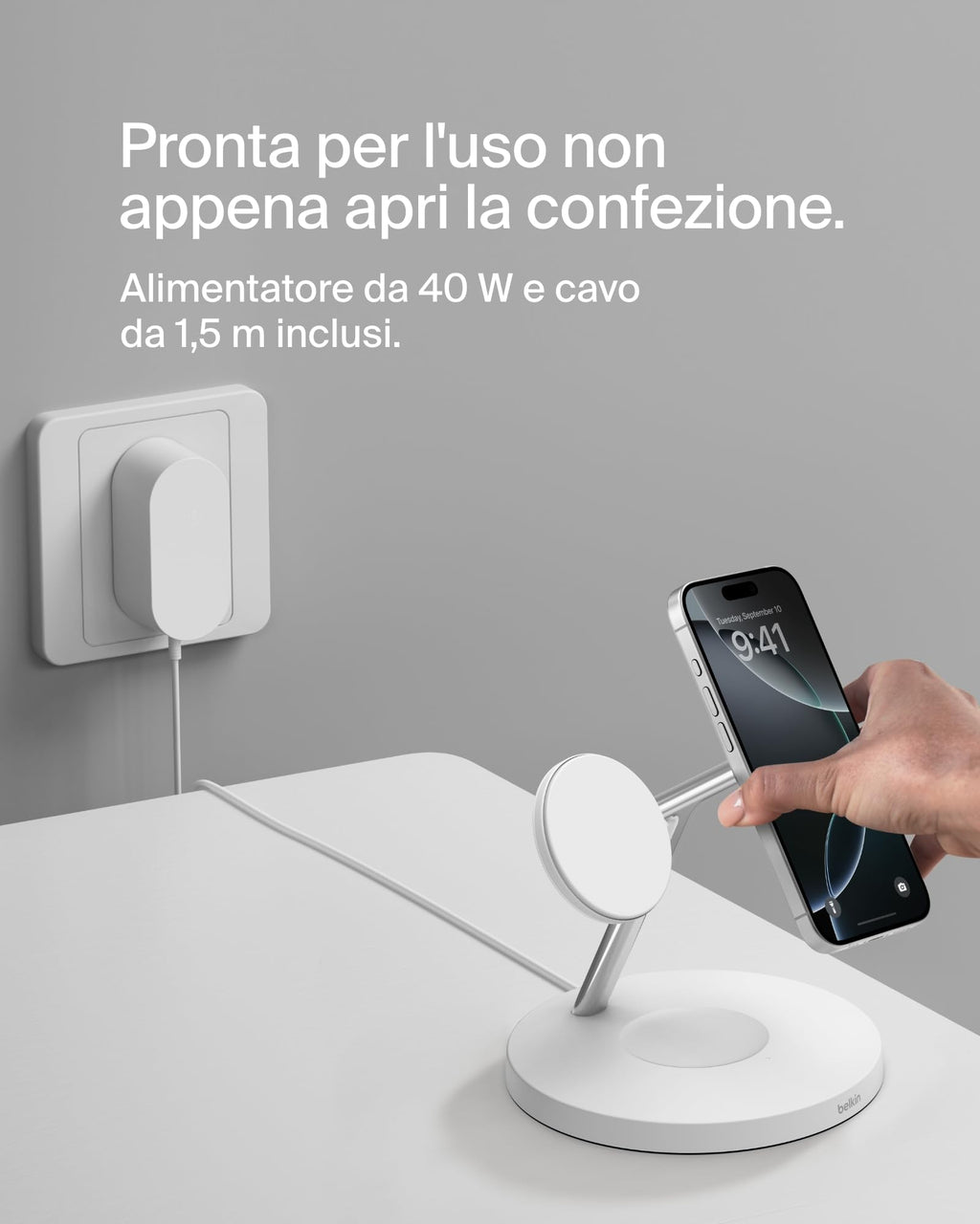 Belkin BoostCharge Caricatore 3 in 1 con Qi2, base di ricarica wireless compatibile con MagSafe, caricatore iPhone 17, Air, Pixelsnap, Apple Watch e AirPods, alimentatore incluso - Nero - ChargeCover