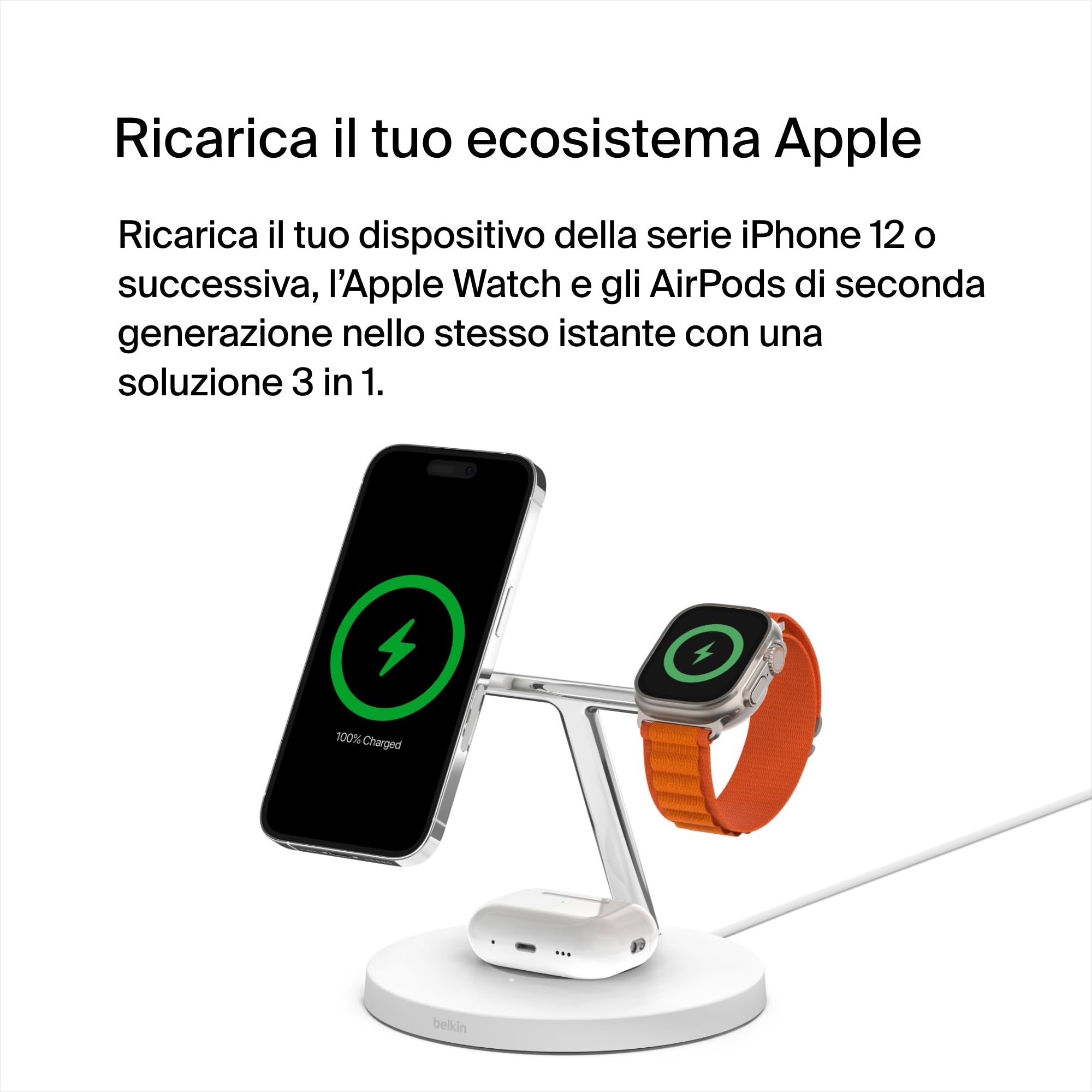 Belkin BoostCharge Caricatore 3 in 1 con Qi2, base di ricarica wireless compatibile con MagSafe, caricatore iPhone 17, Air, Pixelsnap, Apple Watch e AirPods, alimentatore incluso - Nero - ChargeCover