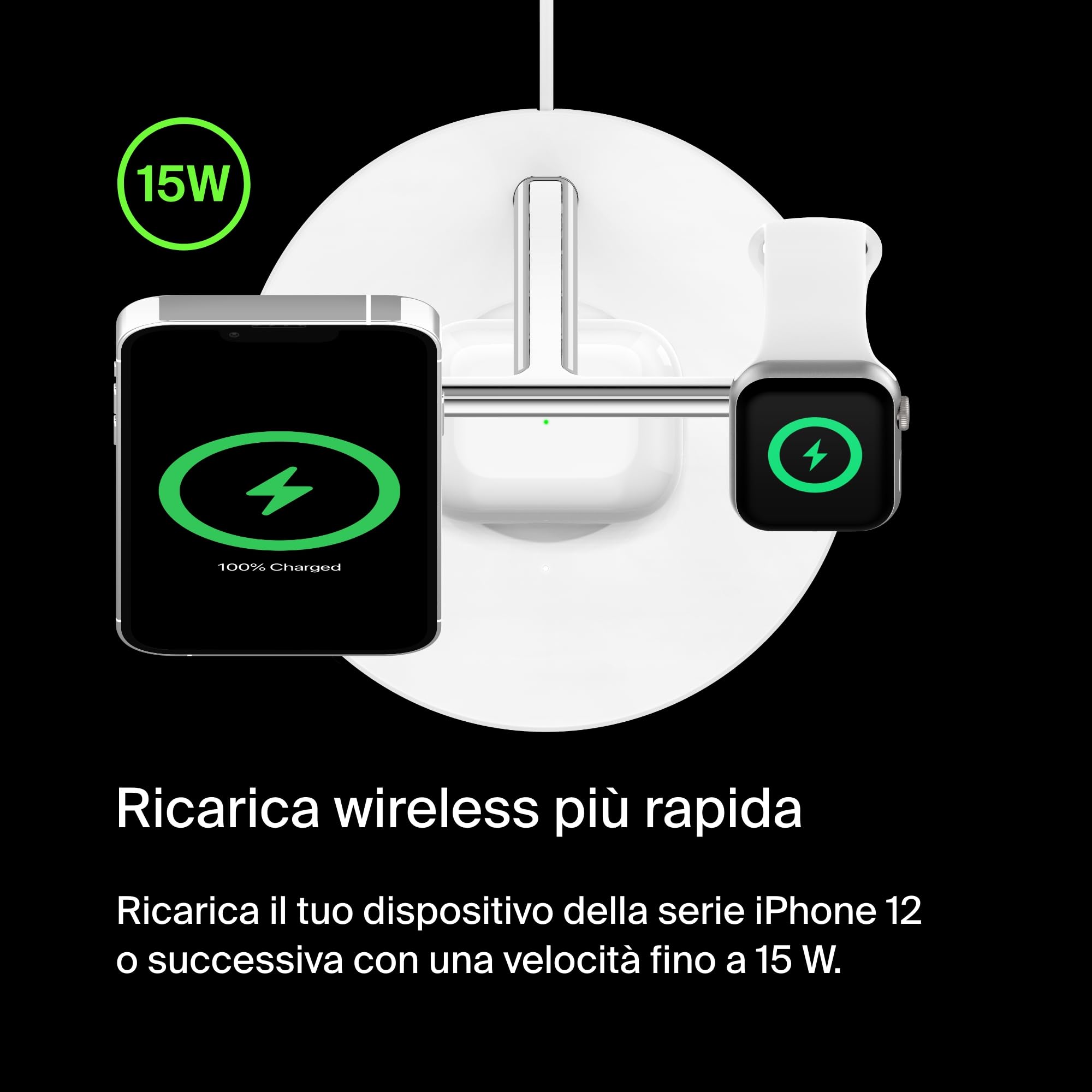 Belkin BoostCharge Caricatore 3 in 1 con Qi2, base di ricarica wireless compatibile con MagSafe, caricatore iPhone 17, Air, Pixelsnap, Apple Watch e AirPods, alimentatore incluso - Nero - ChargeCover