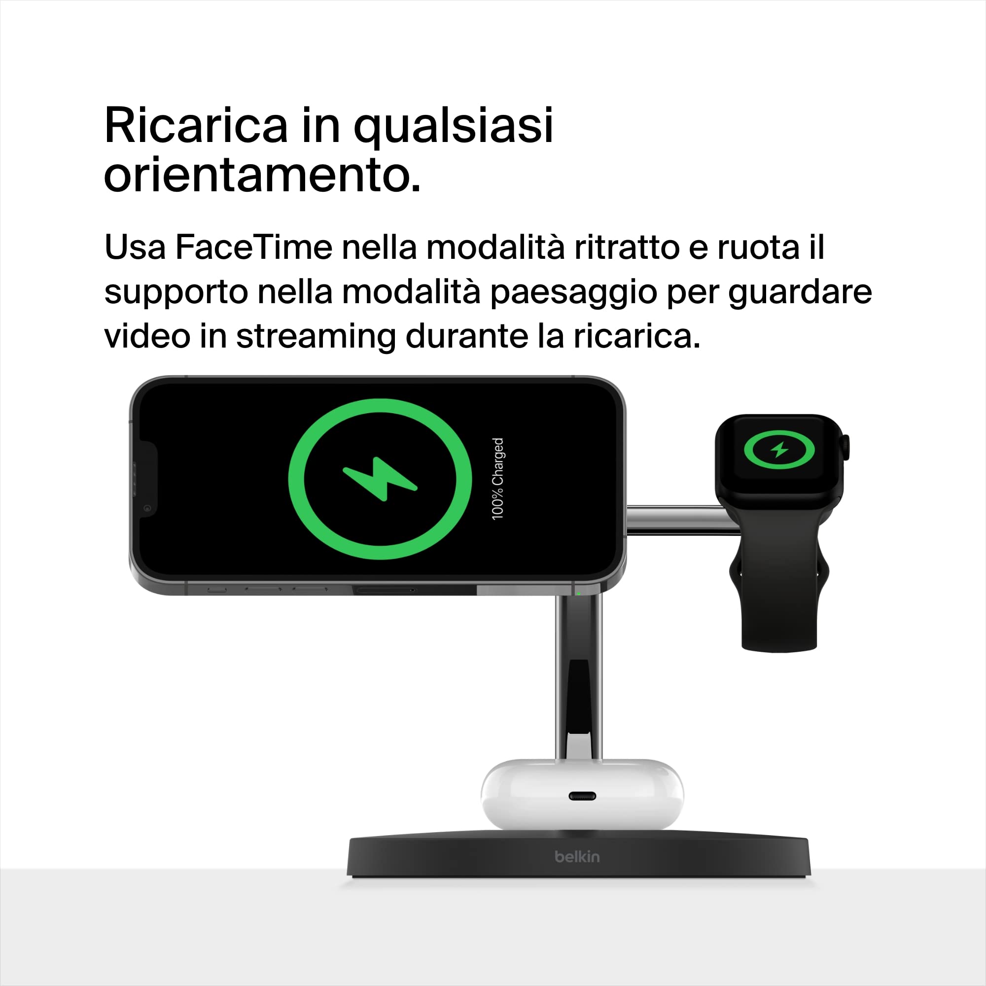 Belkin BoostCharge Caricatore 3 in 1 con Qi2, base di ricarica wireless compatibile con MagSafe, caricatore iPhone 17, Air, Pixelsnap, Apple Watch e AirPods, alimentatore incluso - Nero - ChargeCover