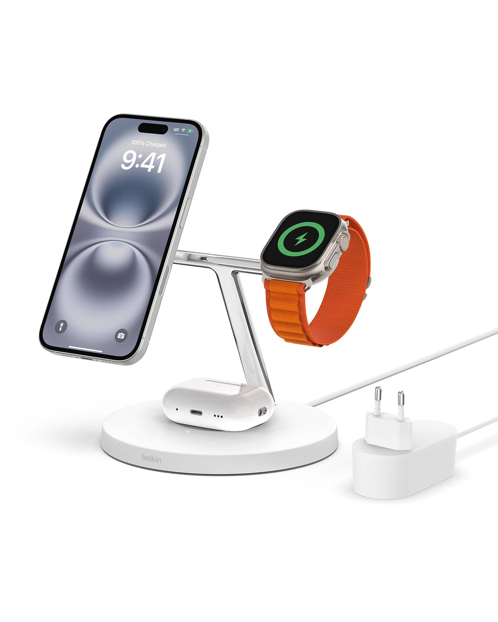 Belkin BoostCharge Caricatore 3 in 1 con Qi2, base di ricarica wireless compatibile con MagSafe, caricatore iPhone 17, Air, Pixelsnap, Apple Watch e AirPods, alimentatore incluso - Nero - ChargeCover