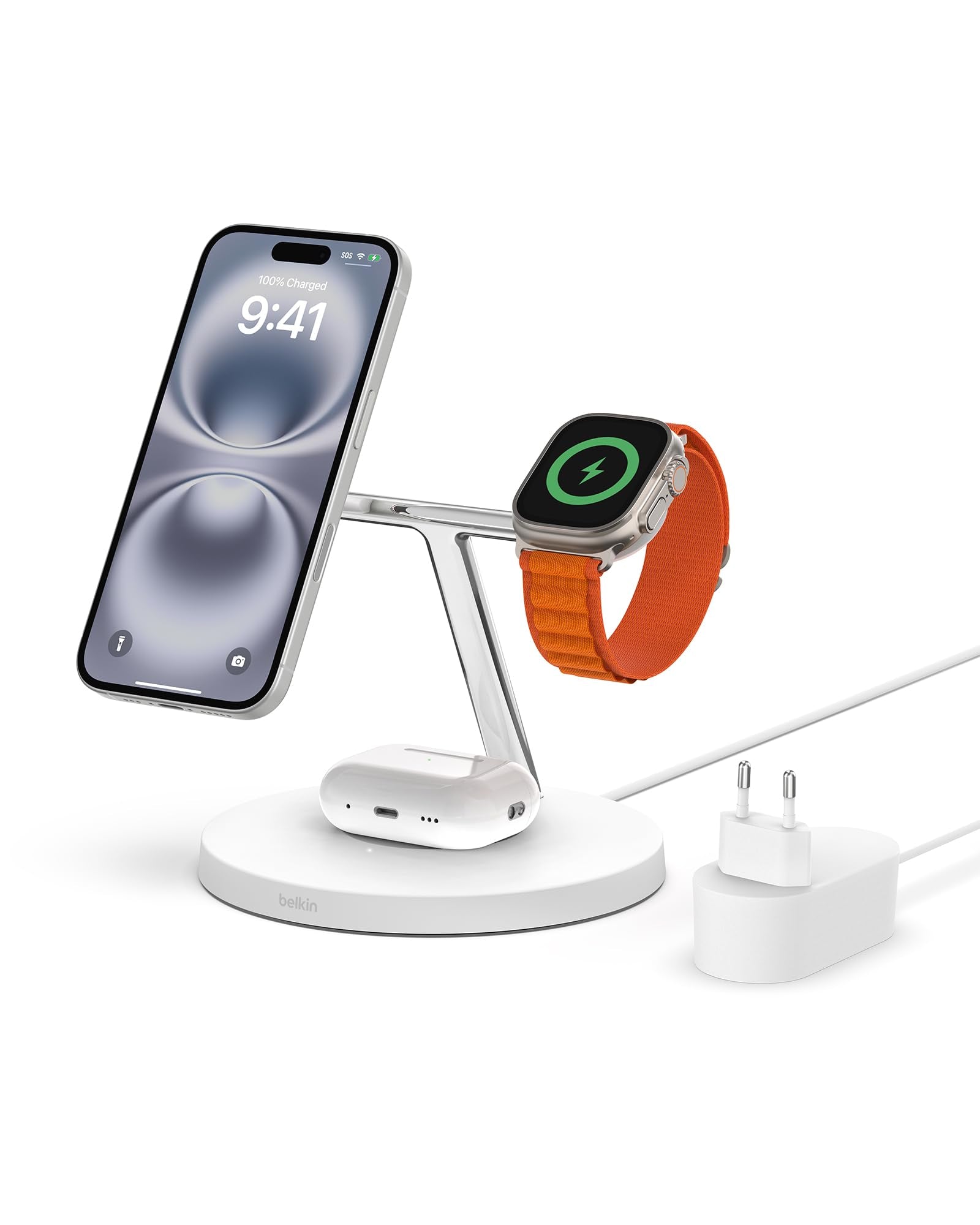 Belkin BoostCharge Caricatore 3 in 1 con Qi2, base di ricarica wireless compatibile con MagSafe, caricatore iPhone 17, Air, Pixelsnap, Apple Watch e AirPods, alimentatore incluso - Nero - ChargeCover