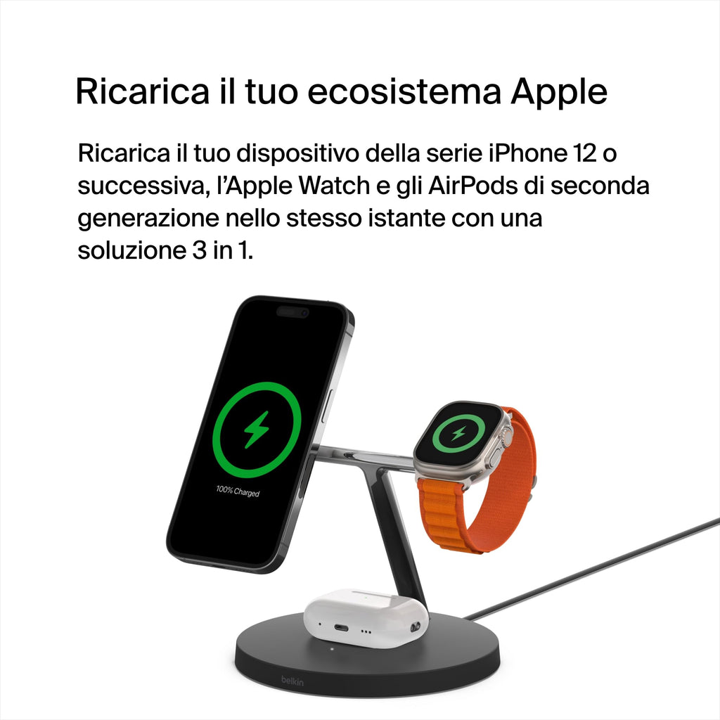 Belkin BoostCharge Caricatore 3 in 1 con Qi2, base di ricarica wireless compatibile con MagSafe, caricatore iPhone 17, Air, Pixelsnap, Apple Watch e AirPods, alimentatore incluso - Nero - ChargeCover