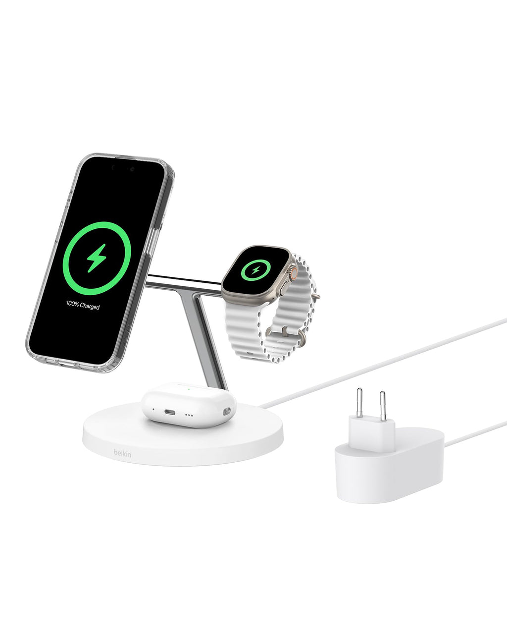 Belkin BoostCharge Caricatore 3 in 1 con Qi2, base di ricarica wireless compatibile con MagSafe, caricatore iPhone 17, Air, Pixelsnap, Apple Watch e AirPods, alimentatore incluso - Nero - ChargeCover