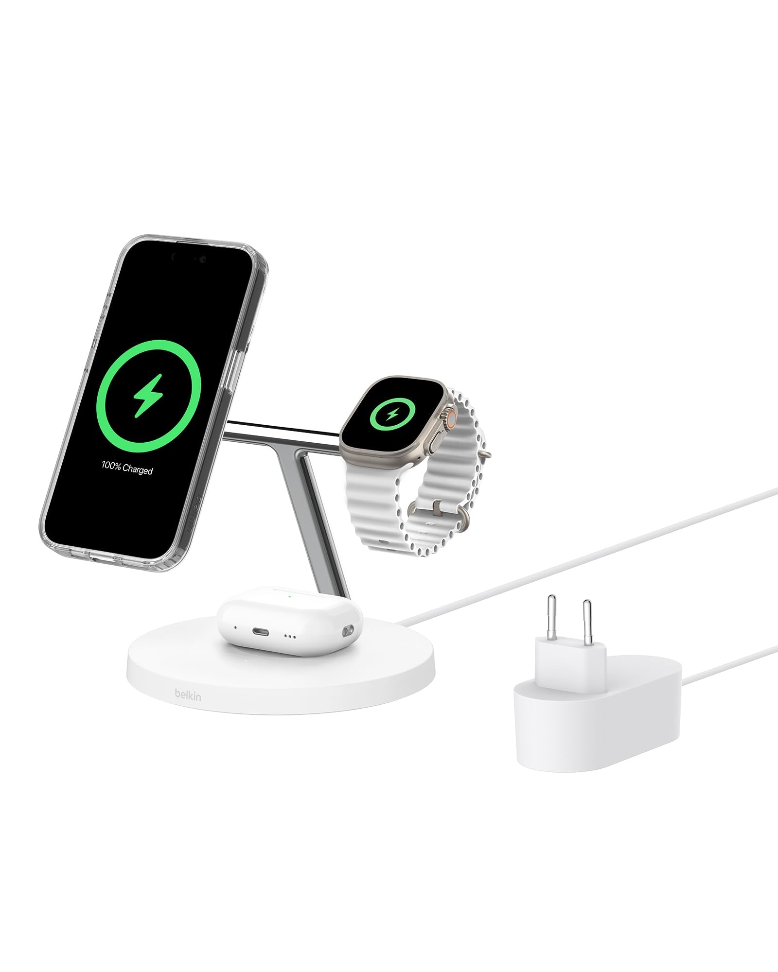 Belkin BoostCharge Caricatore 3 in 1 con Qi2, base di ricarica wireless compatibile con MagSafe, caricatore iPhone 17, Air, Pixelsnap, Apple Watch e AirPods, alimentatore incluso - Nero - ChargeCover