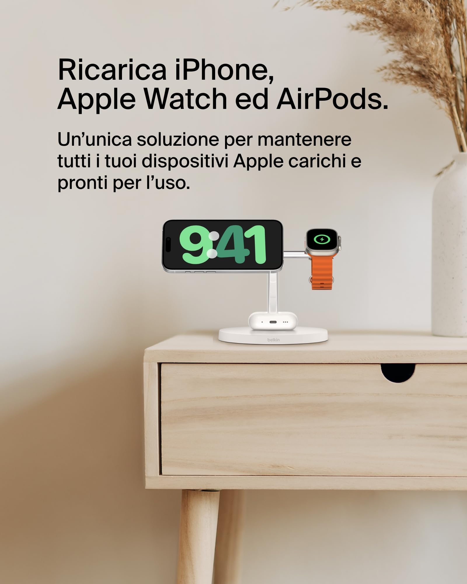 Belkin BoostCharge Caricatore 3 in 1 con Qi2, base di ricarica wireless compatibile con MagSafe, caricatore iPhone 17, Air, Pixelsnap, Apple Watch e AirPods, alimentatore incluso - Nero - ChargeCover