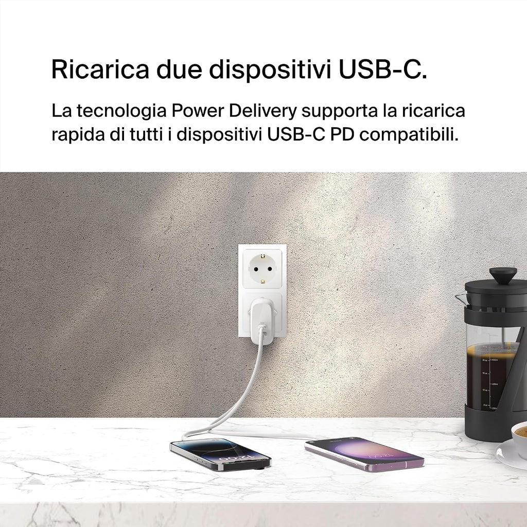 Belkin BoostCharge Doppio caricabatteria con PPS da 60 W per iPhone 16, 15, 14, iPad, Samsung Galaxy e Google Pixel, caricatore compatibile con cavi da USB-C a Lightning - ChargeCover