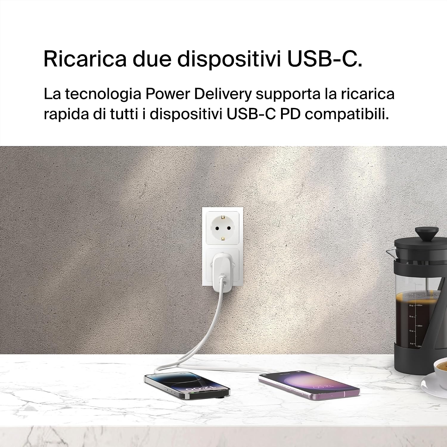 Belkin BoostCharge Doppio caricabatteria con PPS da 60 W per iPhone 16, 15, 14, iPad, Samsung Galaxy e Google Pixel, caricatore compatibile con cavi da USB-C a Lightning - ChargeCover