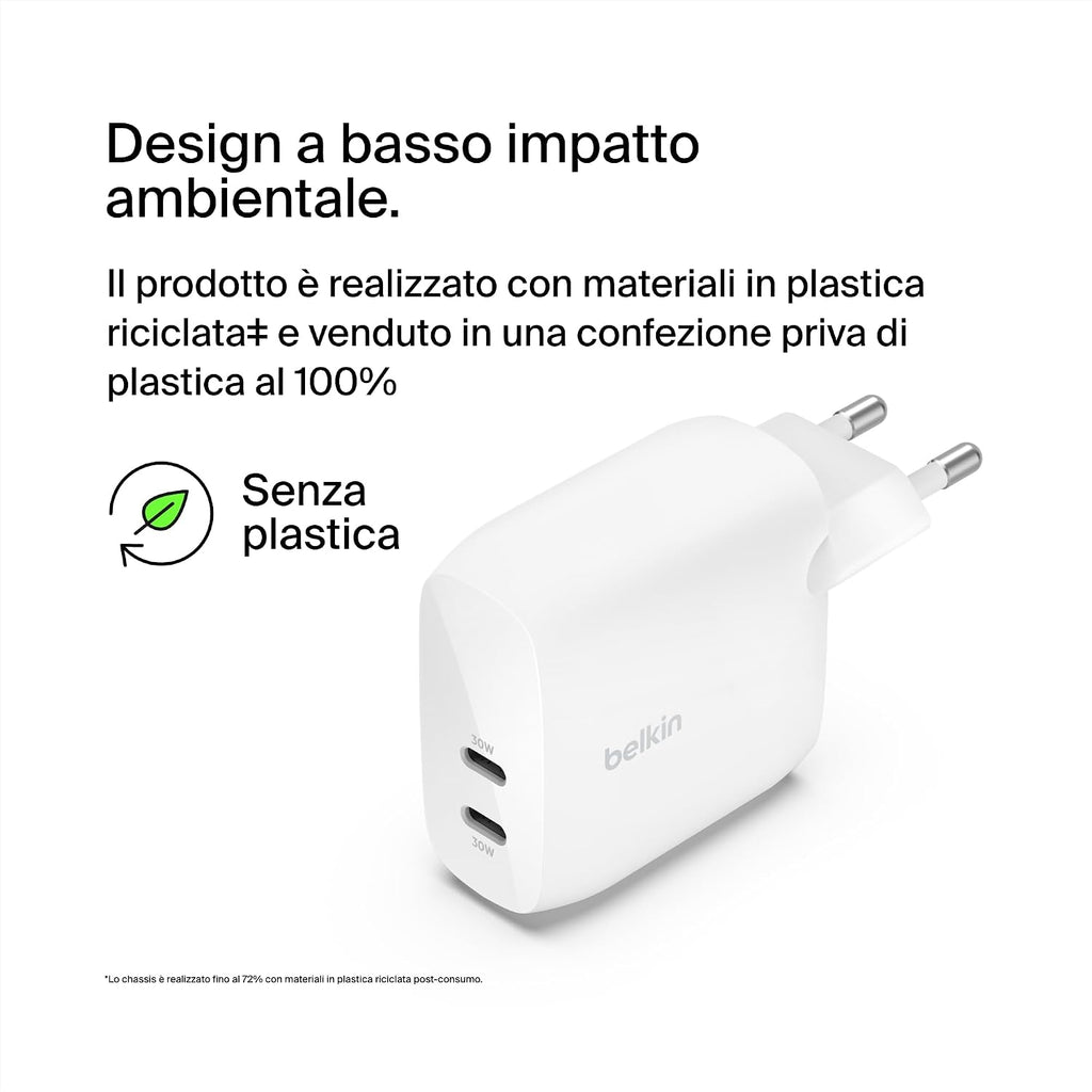 Belkin BoostCharge Doppio caricabatteria con PPS da 60 W per iPhone 16, 15, 14, iPad, Samsung Galaxy e Google Pixel, caricatore compatibile con cavi da USB-C a Lightning - ChargeCover
