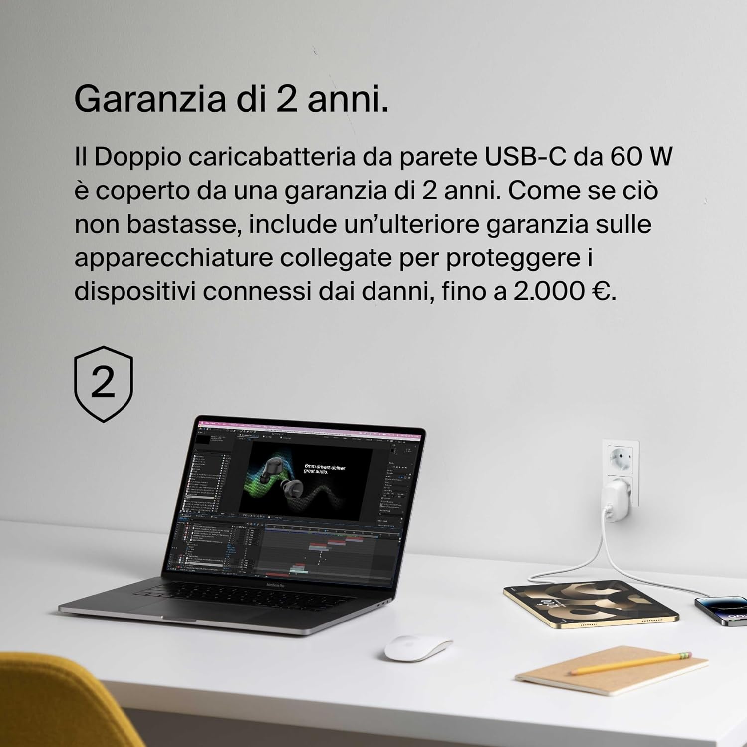 Belkin BoostCharge Doppio caricabatteria con PPS da 60 W per iPhone 16, 15, 14, iPad, Samsung Galaxy e Google Pixel, caricatore compatibile con cavi da USB-C a Lightning - ChargeCover