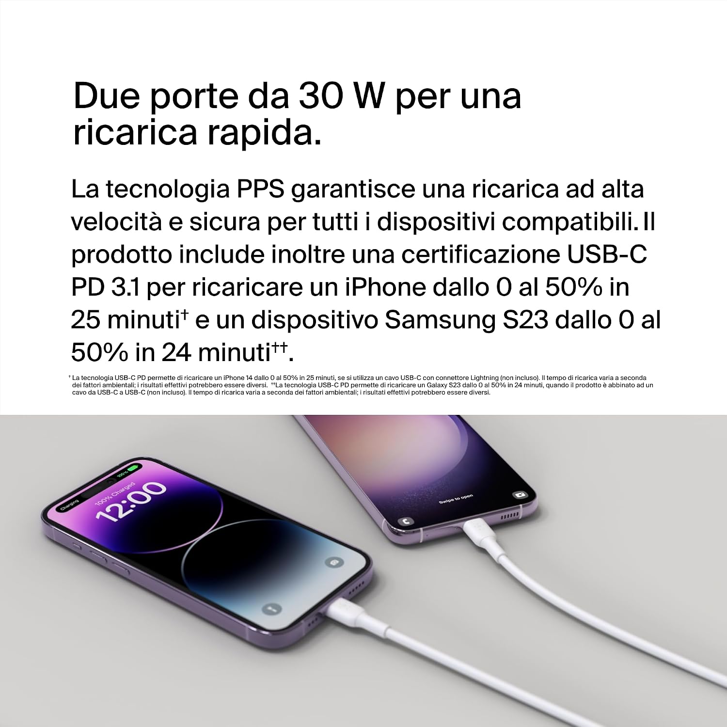 Belkin BoostCharge Doppio caricabatteria con PPS da 60 W per iPhone 16, 15, 14, iPad, Samsung Galaxy e Google Pixel, caricatore compatibile con cavi da USB-C a Lightning - ChargeCover