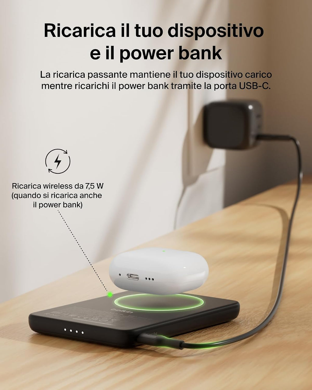 Belkin BoostCharge Power Bank Magnetico 5000mAh, Anello Magnetico - Nero | Caricatore Portatile 5000mAh Wireless, Anello Magnetico per Aggancio, 1 USB-C, Pre-Caricato, Cavo Incluso, Sicuro in Aereo - ChargeCover