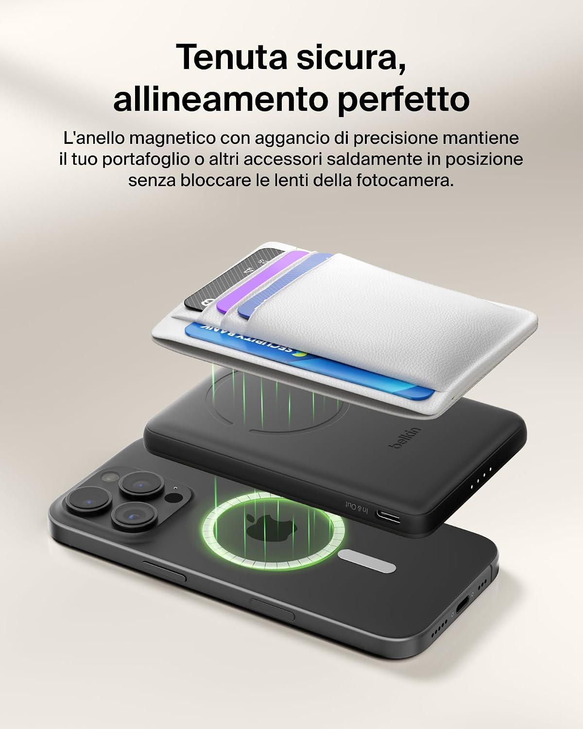 Belkin BoostCharge Power Bank Magnetico 5000mAh, Anello Magnetico - Nero | Caricatore Portatile 5000mAh Wireless, Anello Magnetico per Aggancio, 1 USB-C, Pre-Caricato, Cavo Incluso, Sicuro in Aereo - ChargeCover