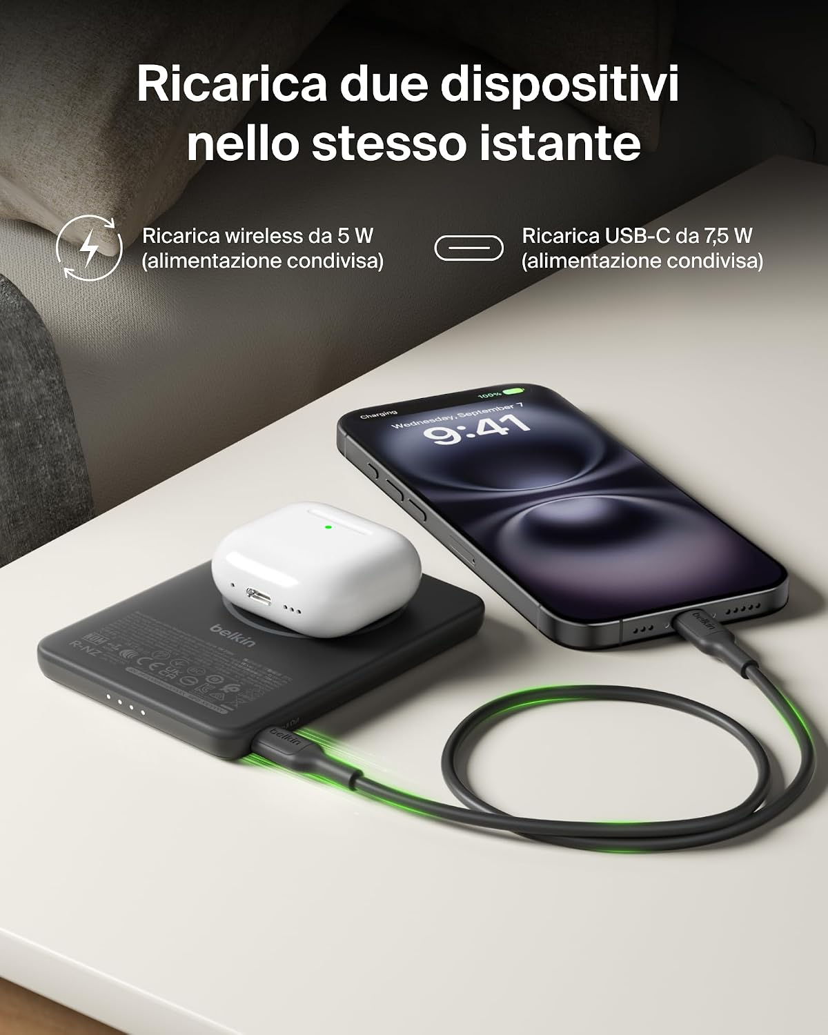 Belkin BoostCharge Power Bank Magnetico 5000mAh, Anello Magnetico - Nero | Caricatore Portatile 5000mAh Wireless, Anello Magnetico per Aggancio, 1 USB-C, Pre-Caricato, Cavo Incluso, Sicuro in Aereo - ChargeCover
