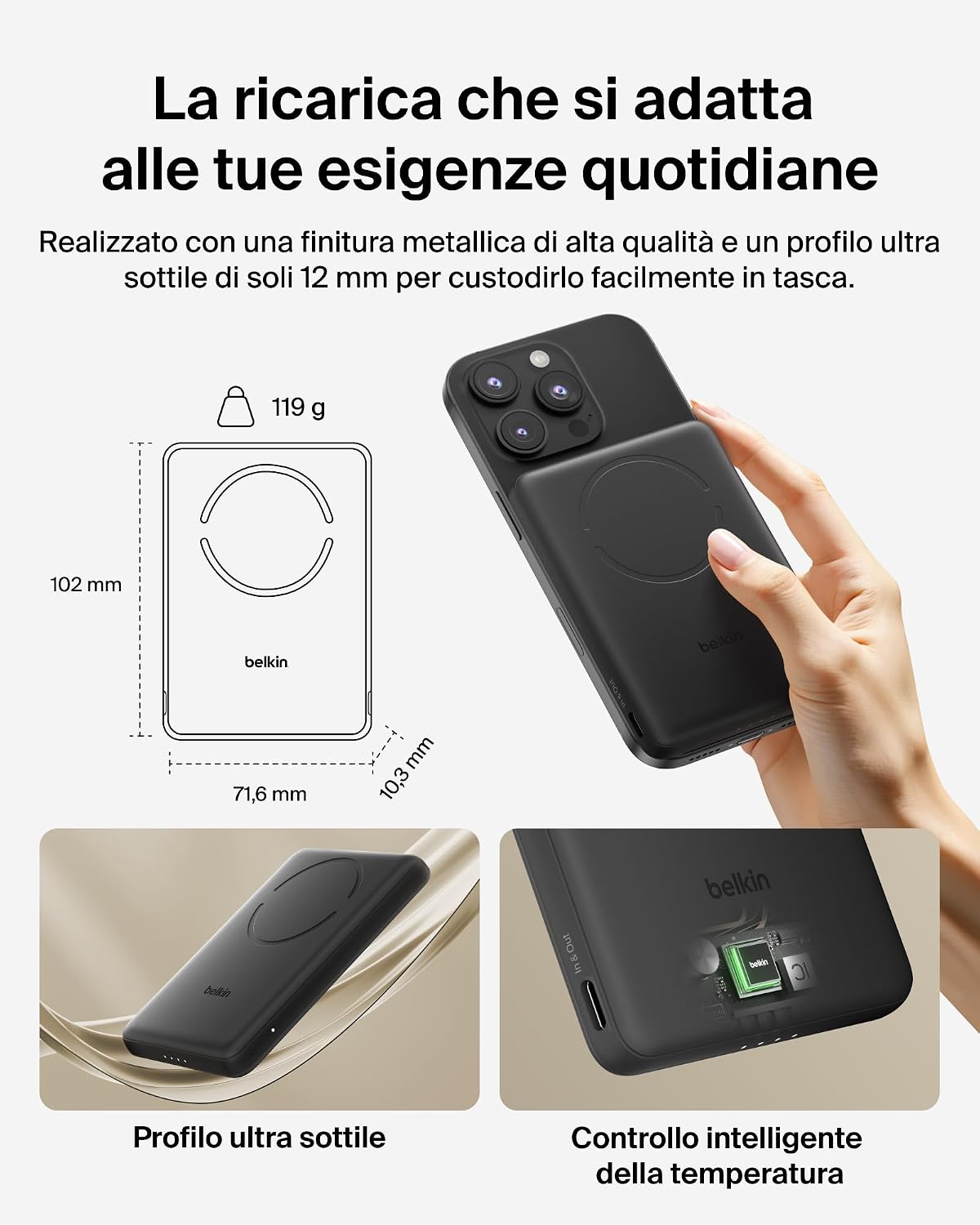 Belkin BoostCharge Power Bank Magnetico 5000mAh, Anello Magnetico - Nero | Caricatore Portatile 5000mAh Wireless, Anello Magnetico per Aggancio, 1 USB-C, Pre-Caricato, Cavo Incluso, Sicuro in Aereo - ChargeCover