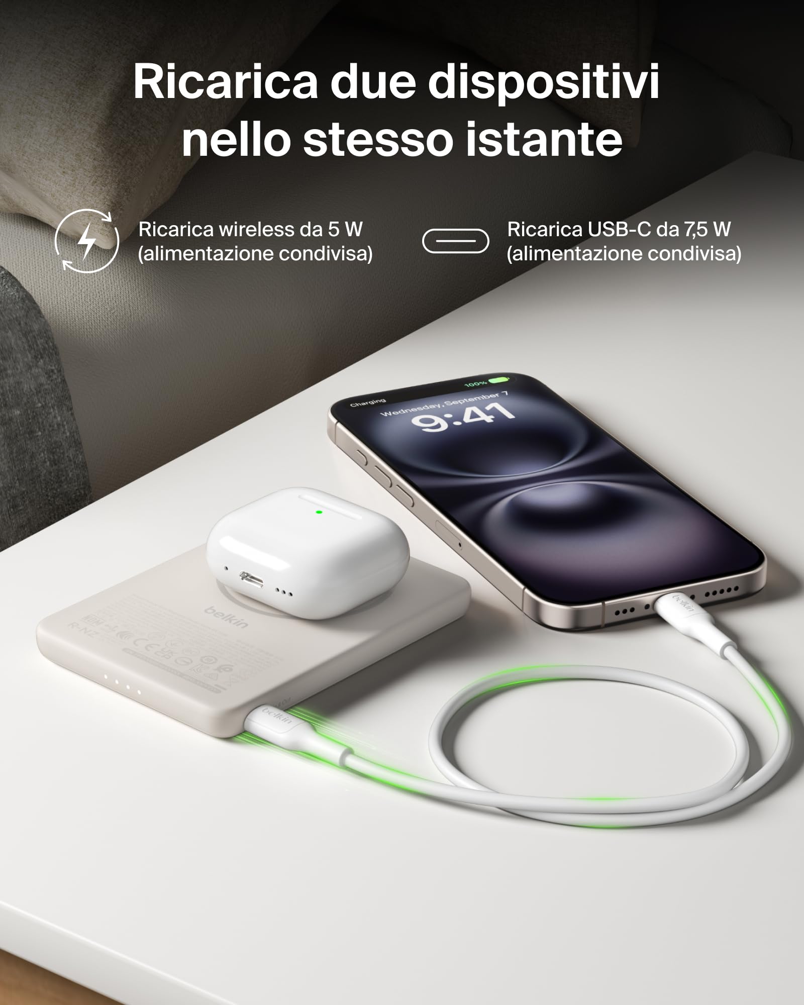 Belkin BoostCharge Power Bank Magnetico 5000mAh, Anello Magnetico - Nero | Caricatore Portatile 5000mAh Wireless, Anello Magnetico per Aggancio, 1 USB-C, Pre-Caricato, Cavo Incluso, Sicuro in Aereo - ChargeCover