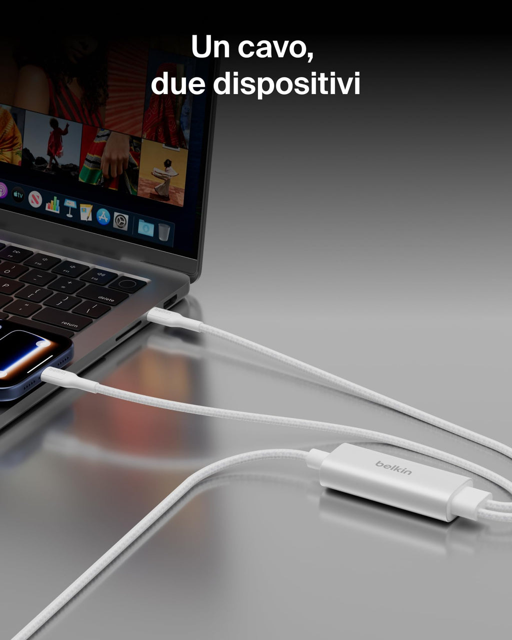 Belkin BoostCharge Pro Cavo Multi USBC 140W 2 in 1, Splitter USBC a Ricarica Rapida, 2 Uscite Tipo C con Ricarica Intelligente, Multicavo Intrecciato per MacBook, iPhone, iPad, Samsung, Pixel, Nero - ChargeCover
