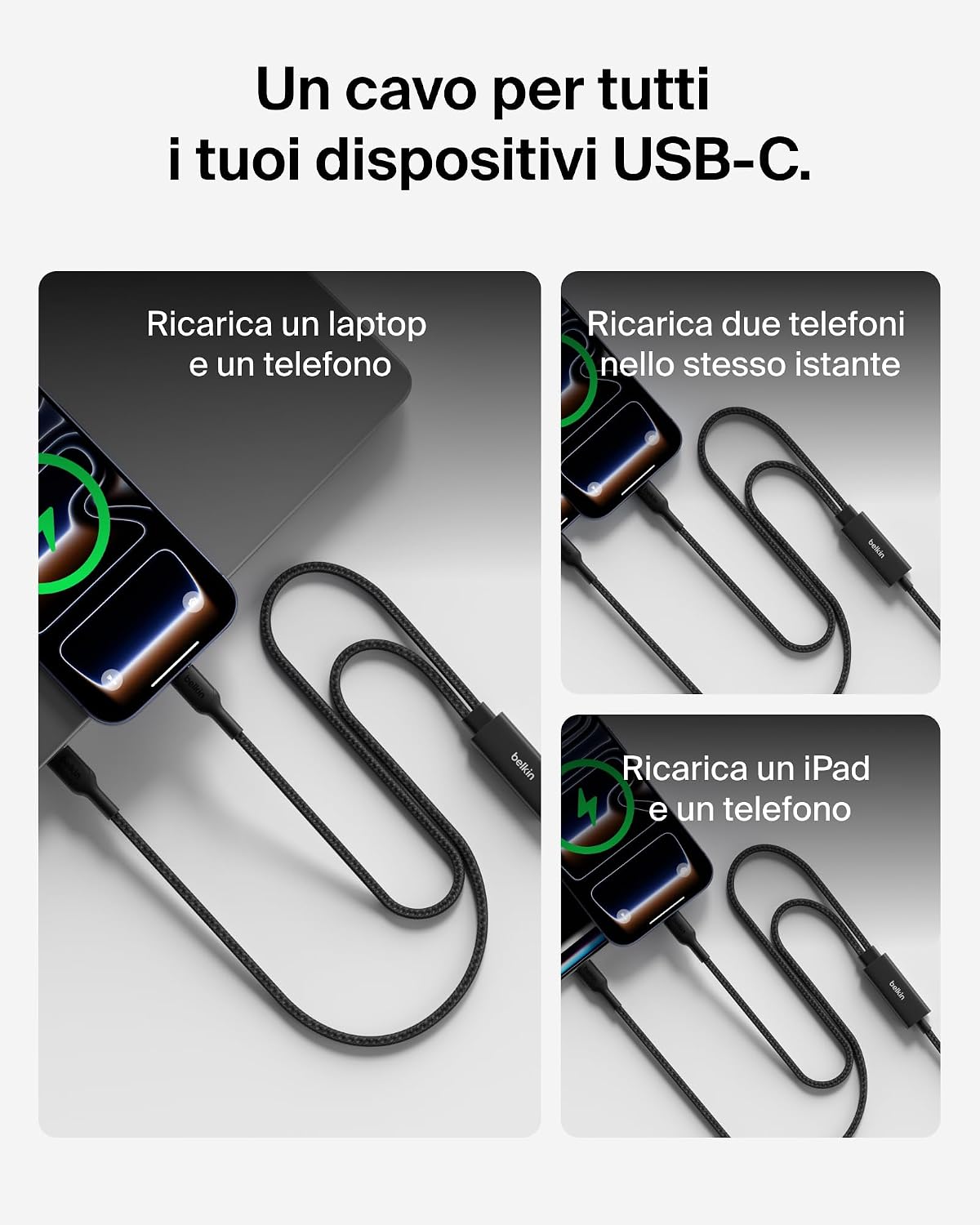 Belkin BoostCharge Pro Cavo Multi USBC 140W 2 in 1, Splitter USBC a Ricarica Rapida, 2 Uscite Tipo C con Ricarica Intelligente, Multicavo Intrecciato per MacBook, iPhone, iPad, Samsung, Pixel, Nero - ChargeCover