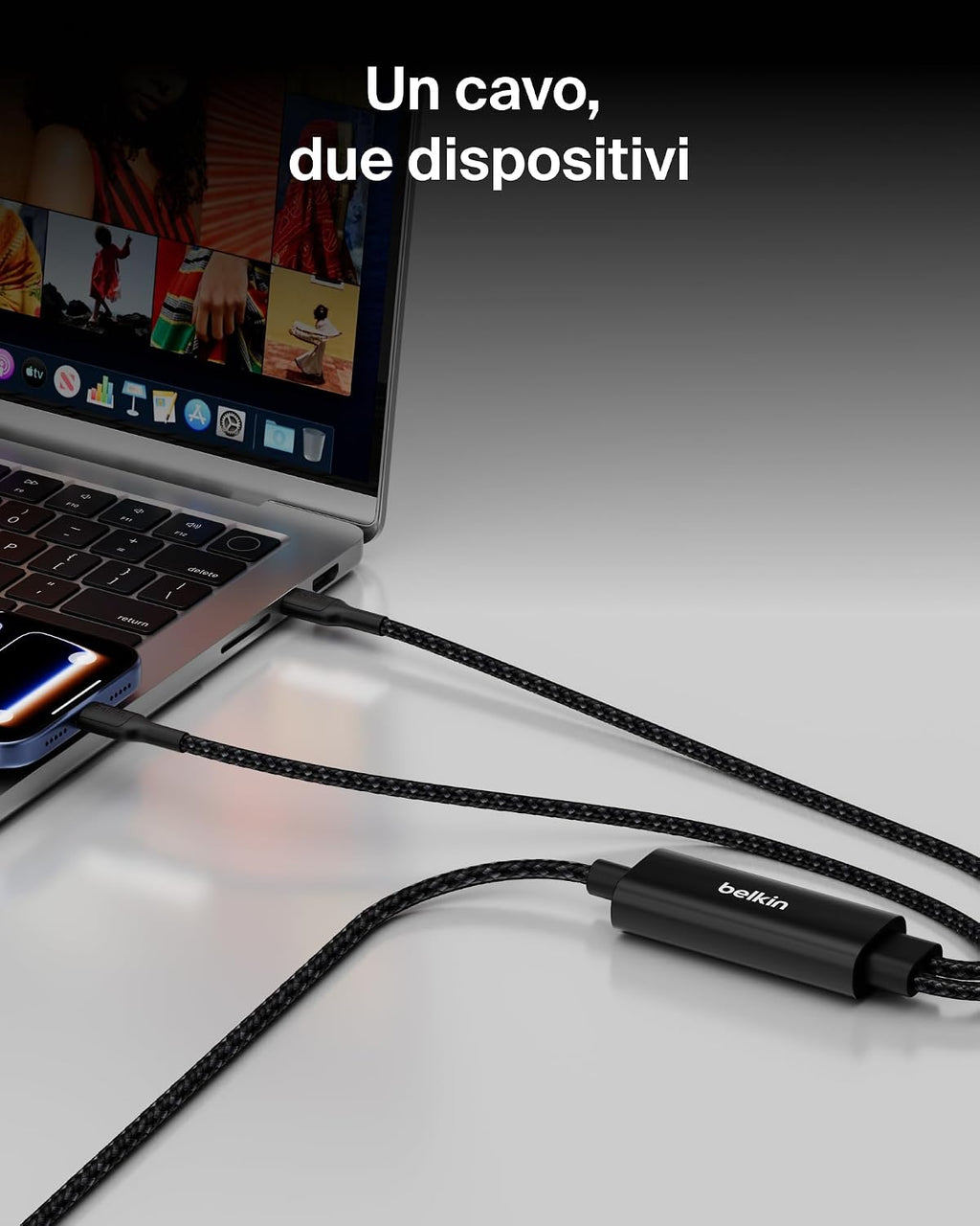 Belkin BoostCharge Pro Cavo Multi USBC 140W 2 in 1, Splitter USBC a Ricarica Rapida, 2 Uscite Tipo C con Ricarica Intelligente, Multicavo Intrecciato per MacBook, iPhone, iPad, Samsung, Pixel, Nero - ChargeCover