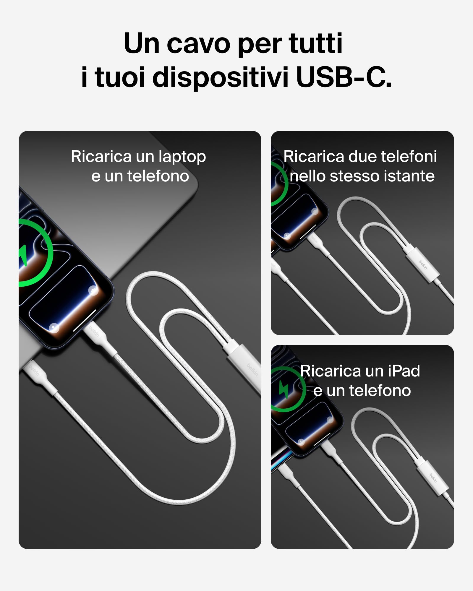 Belkin BoostCharge Pro Cavo Multi USBC 140W 2 in 1, Splitter USBC a Ricarica Rapida, 2 Uscite Tipo C con Ricarica Intelligente, Multicavo Intrecciato per MacBook, iPhone, iPad, Samsung, Pixel, Nero - ChargeCover