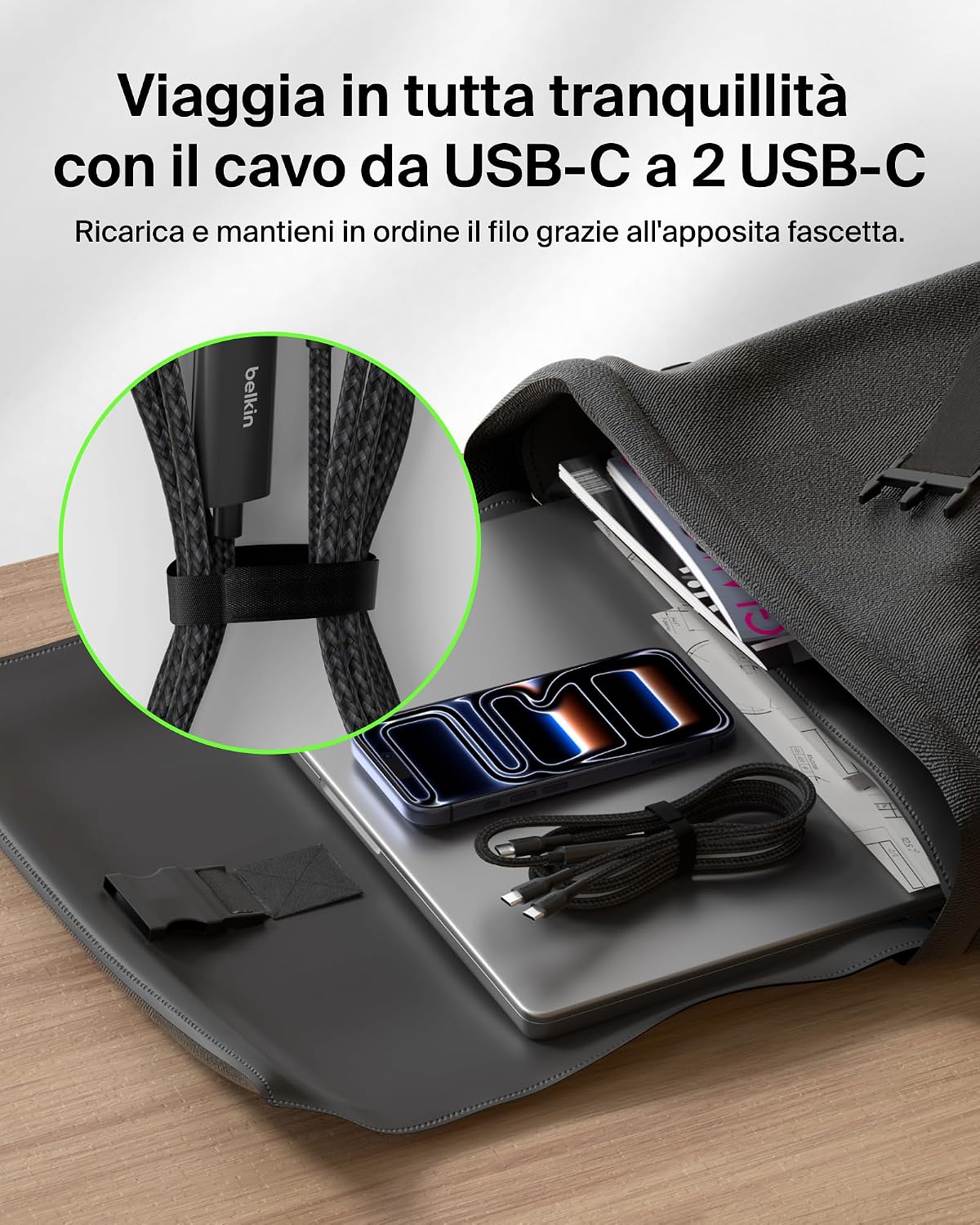 Belkin BoostCharge Pro Cavo Multi USBC 140W 2 in 1, Splitter USBC a Ricarica Rapida, 2 Uscite Tipo C con Ricarica Intelligente, Multicavo Intrecciato per MacBook, iPhone, iPad, Samsung, Pixel, Nero - ChargeCover