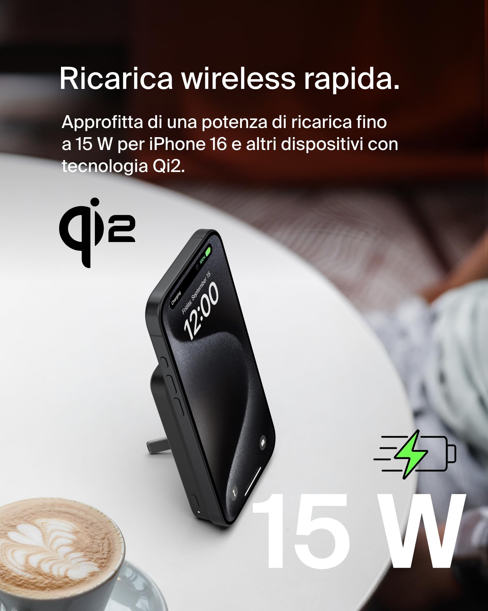 Belkin BoostCharge Pro Power bank wireless 10.000 mAh con Qi2, caricabatteria portatile compatibile con MagSafe, supporto integrato per iPhone 16, 16 Plus, 16 Pro/Pro Max, iPhone 15 e altri, nero - ChargeCover