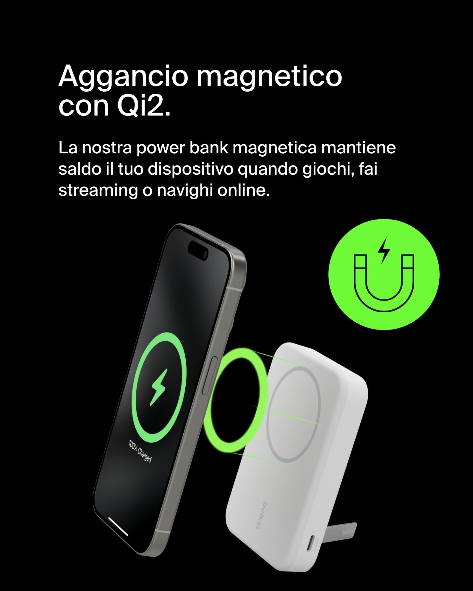 Belkin BoostCharge Pro Power bank wireless 10.000 mAh con Qi2, caricabatteria portatile compatibile con MagSafe, supporto integrato per iPhone 16, 16 Plus, 16 Pro/Pro Max, iPhone 15 e altri, nero - ChargeCover