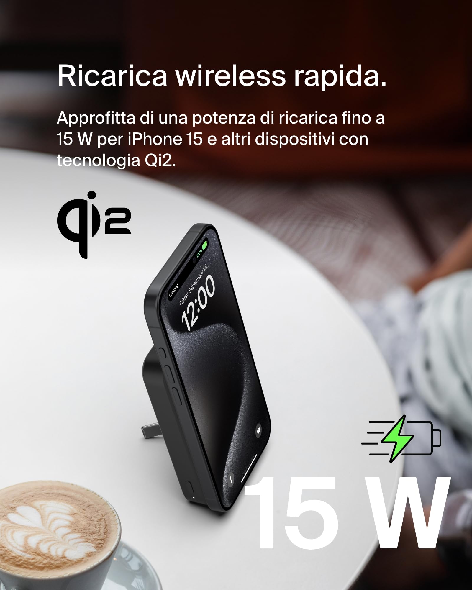 Belkin BoostCharge Pro Power bank wireless 10.000 mAh con Qi2, caricabatteria portatile compatibile con MagSafe, supporto integrato per iPhone 16, 16 Plus, 16 Pro/Pro Max, iPhone 15 e altri, nero - ChargeCover
