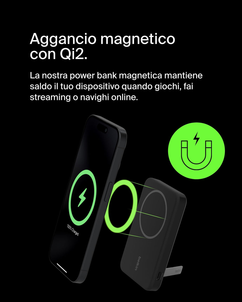 Belkin BoostCharge Pro Power bank wireless 10.000 mAh con Qi2, caricabatteria portatile compatibile con MagSafe, supporto integrato per iPhone 16, 16 Plus, 16 Pro/Pro Max, iPhone 15 e altri, nero - ChargeCover