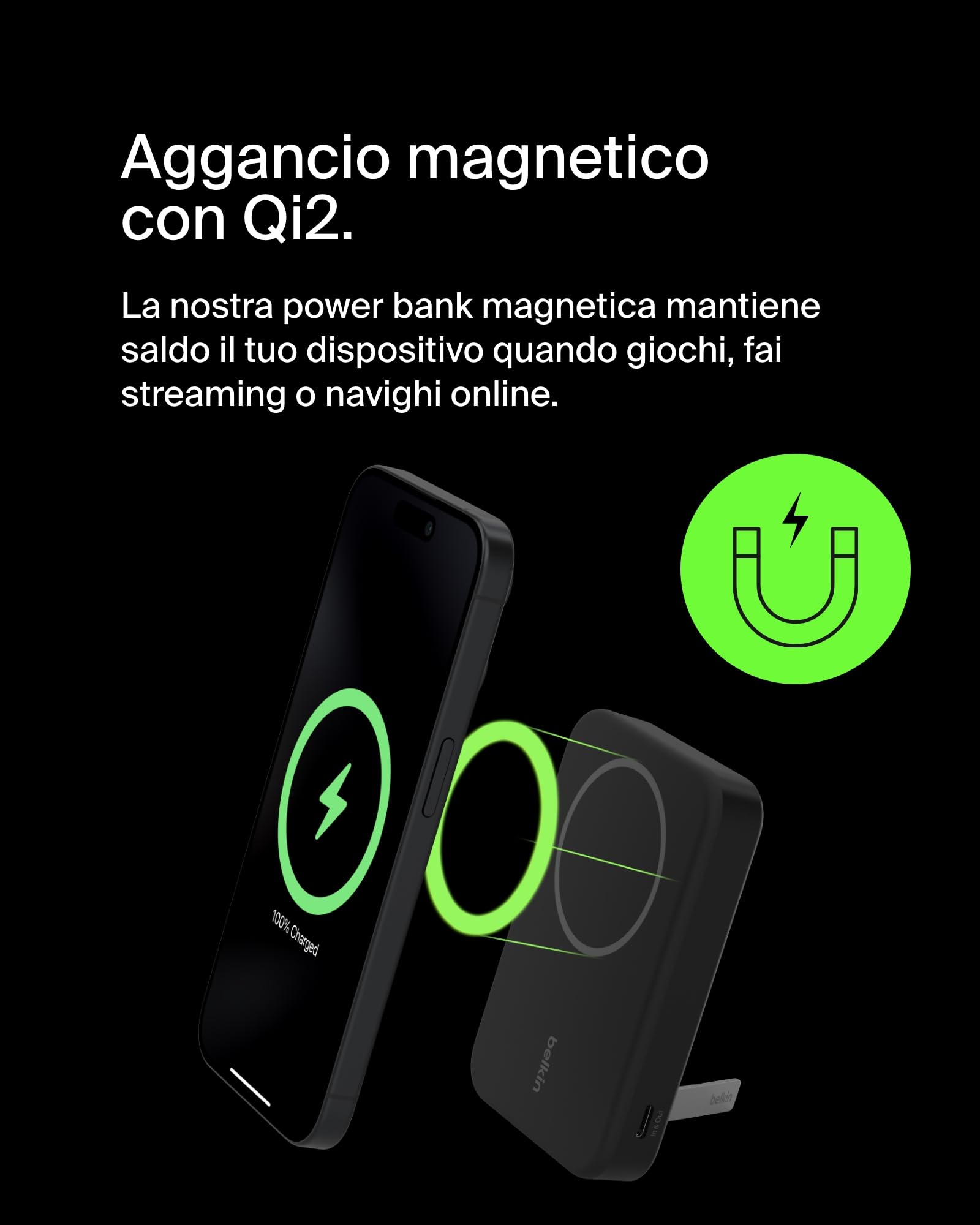 Belkin BoostCharge Pro Power bank wireless 10.000 mAh con Qi2, caricabatteria portatile compatibile con MagSafe, supporto integrato per iPhone 16, 16 Plus, 16 Pro/Pro Max, iPhone 15 e altri, nero - ChargeCover