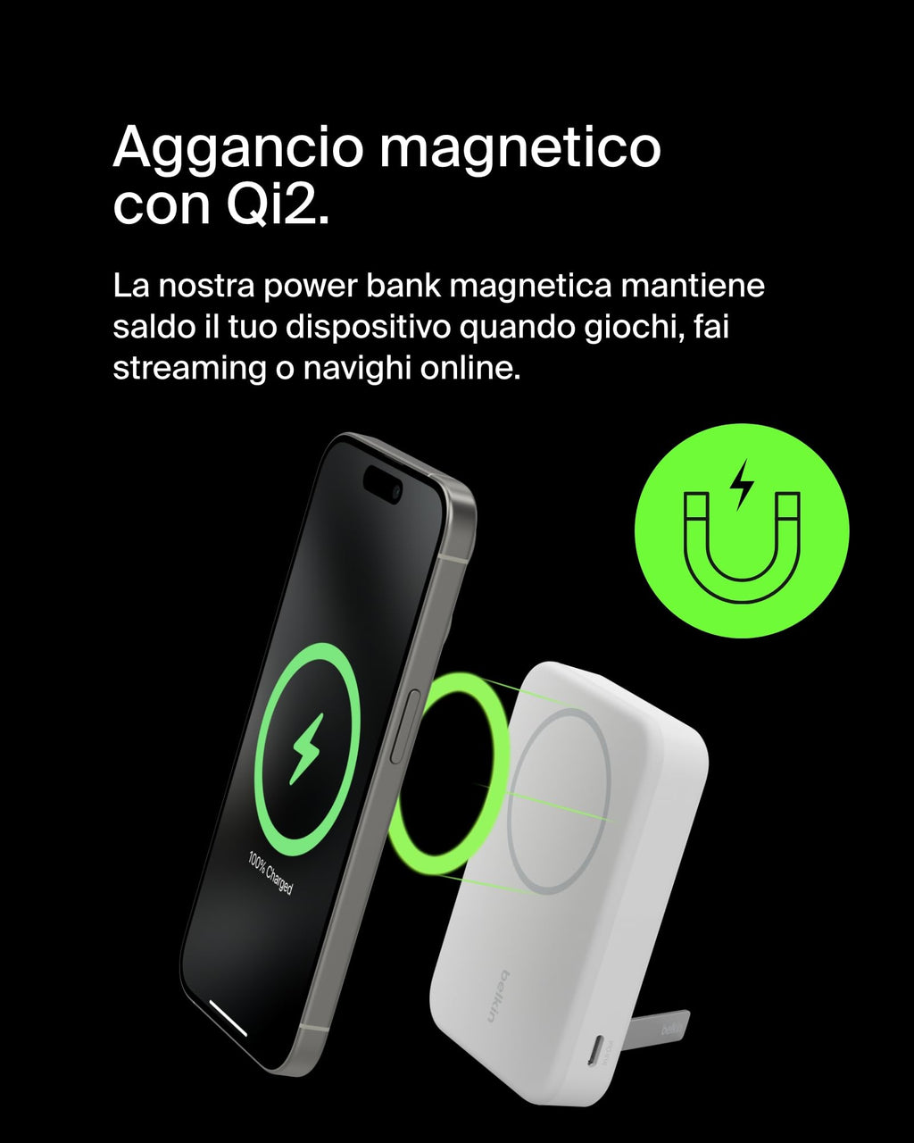 Belkin BoostCharge Pro Power bank wireless 10.000 mAh con Qi2, caricabatteria portatile compatibile con MagSafe, supporto integrato per iPhone 16, 16 Plus, 16 Pro/Pro Max, iPhone 15 e altri, nero - ChargeCover