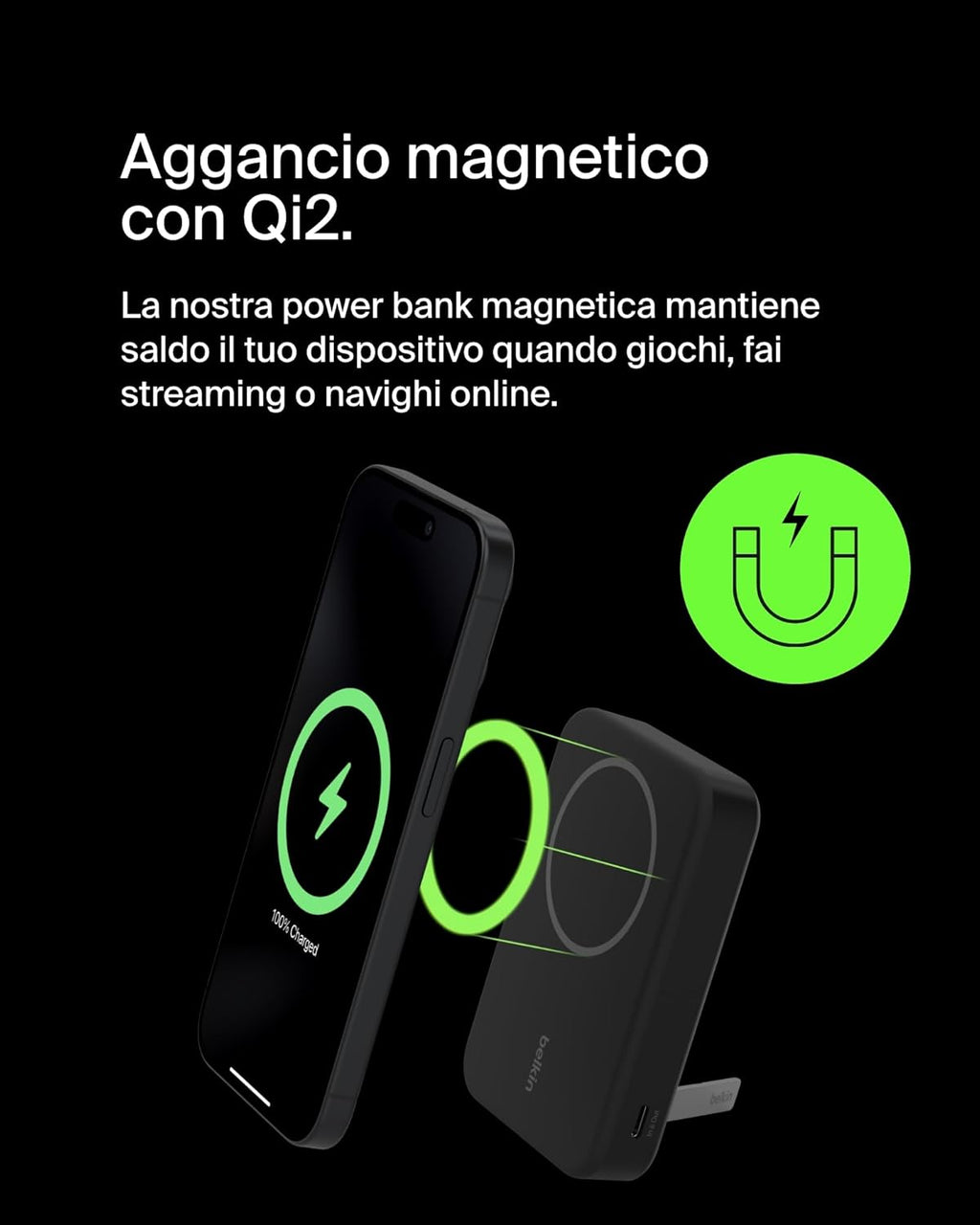 Belkin BoostCharge Pro Power bank wireless 10.000 mAh con Qi2, caricabatteria portatile compatibile con MagSafe, supporto integrato per iPhone 16, 16 Plus, 16 Pro/Pro Max, iPhone 15 e altri, nero - ChargeCover