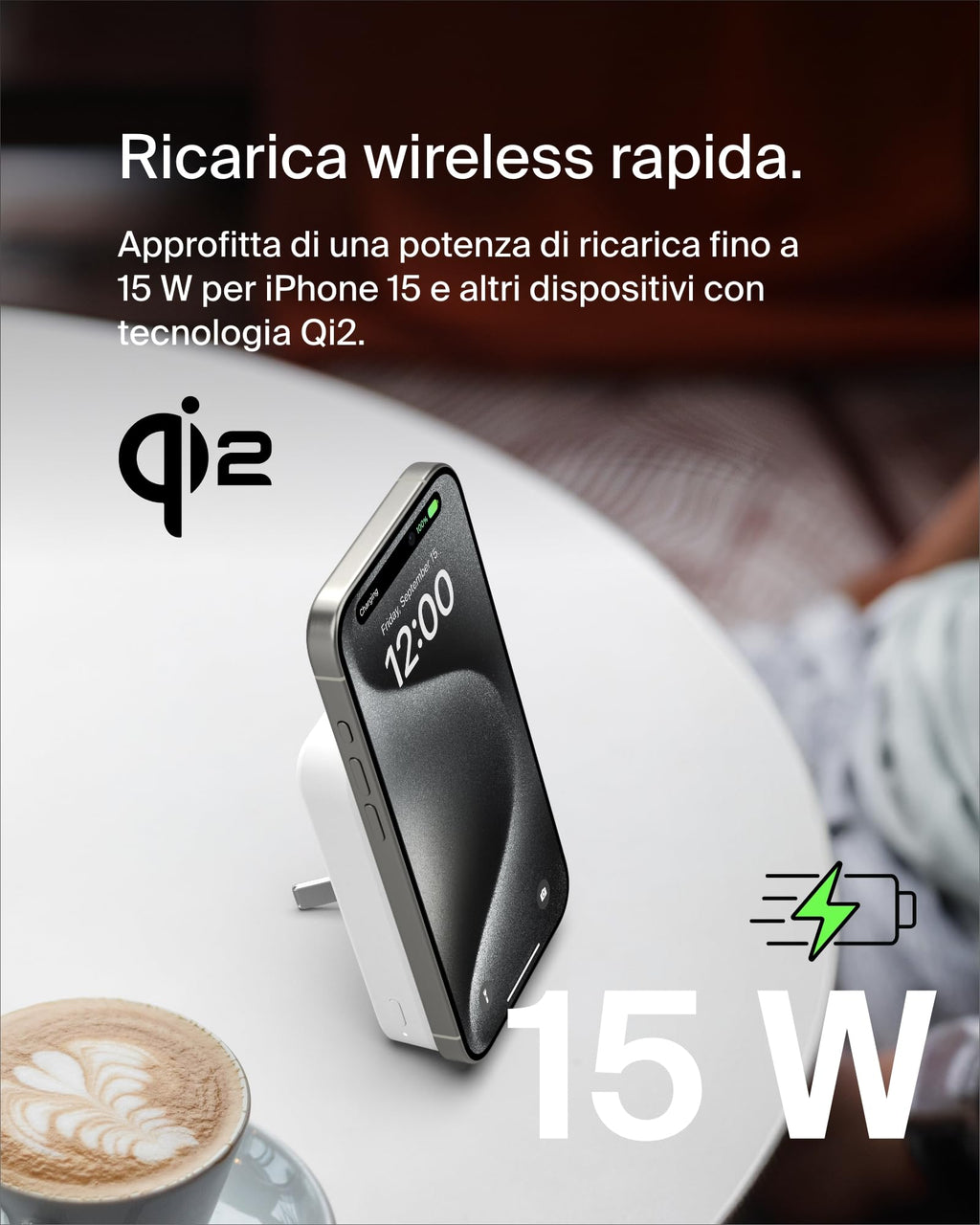 Belkin BoostCharge Pro Power bank wireless 10.000 mAh con Qi2, caricabatteria portatile compatibile con MagSafe, supporto integrato per iPhone 16, 16 Plus, 16 Pro/Pro Max, iPhone 15 e altri, nero - ChargeCover