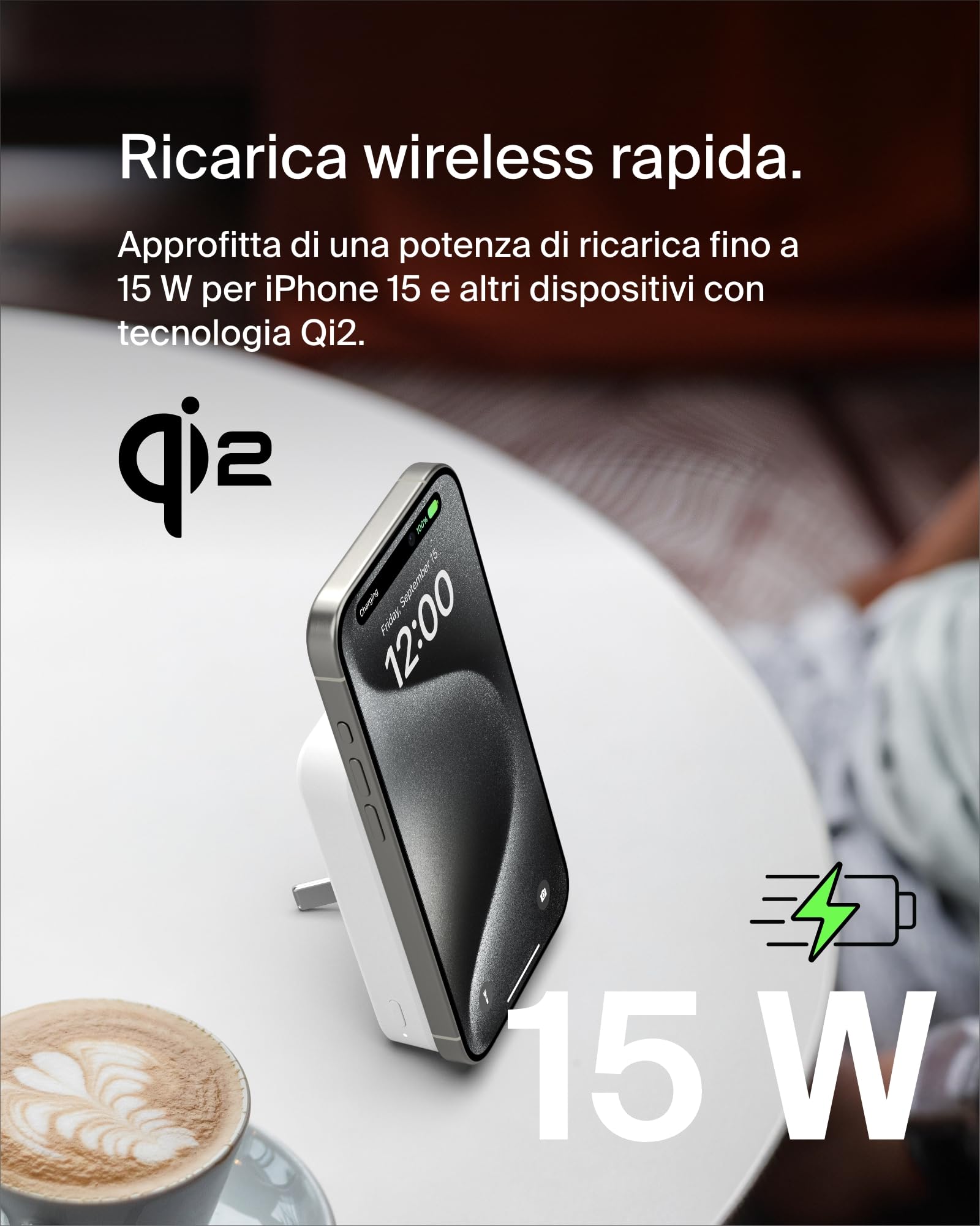Belkin BoostCharge Pro Power bank wireless 10.000 mAh con Qi2, caricabatteria portatile compatibile con MagSafe, supporto integrato per iPhone 16, 16 Plus, 16 Pro/Pro Max, iPhone 15 e altri, nero - ChargeCover