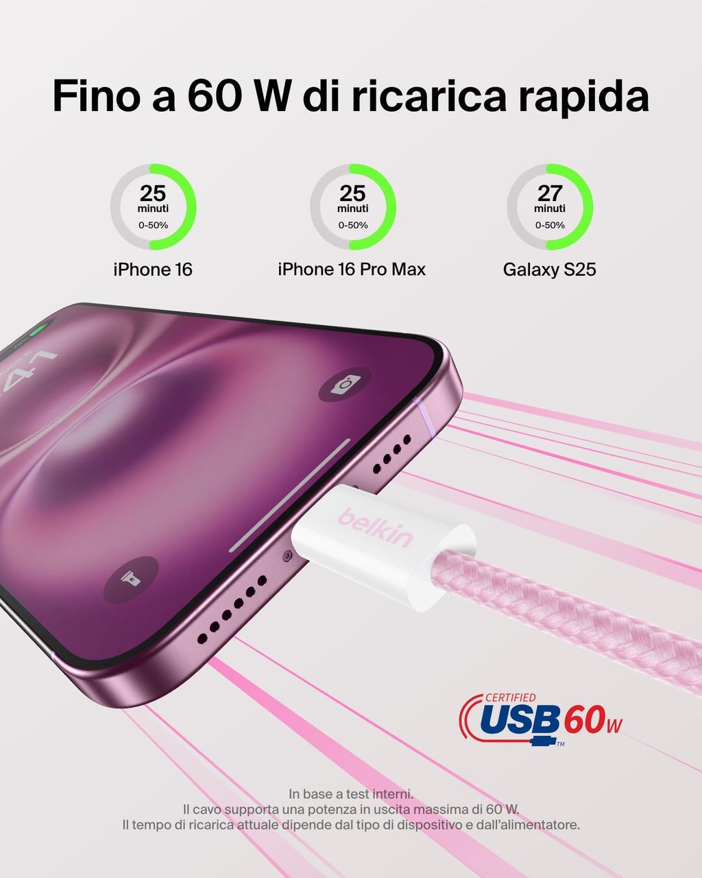 Belkin Confezione da 2 cavi intrecciati da USB-C a USB-C da 1,5 m, 60 W, cavo flessibile per ricarica rapida, cavo Type-C per iPhone 17 e iPhone 16 series, Galaxy S25, Pixel 10, iPad Pro e altri, nero - ChargeCover