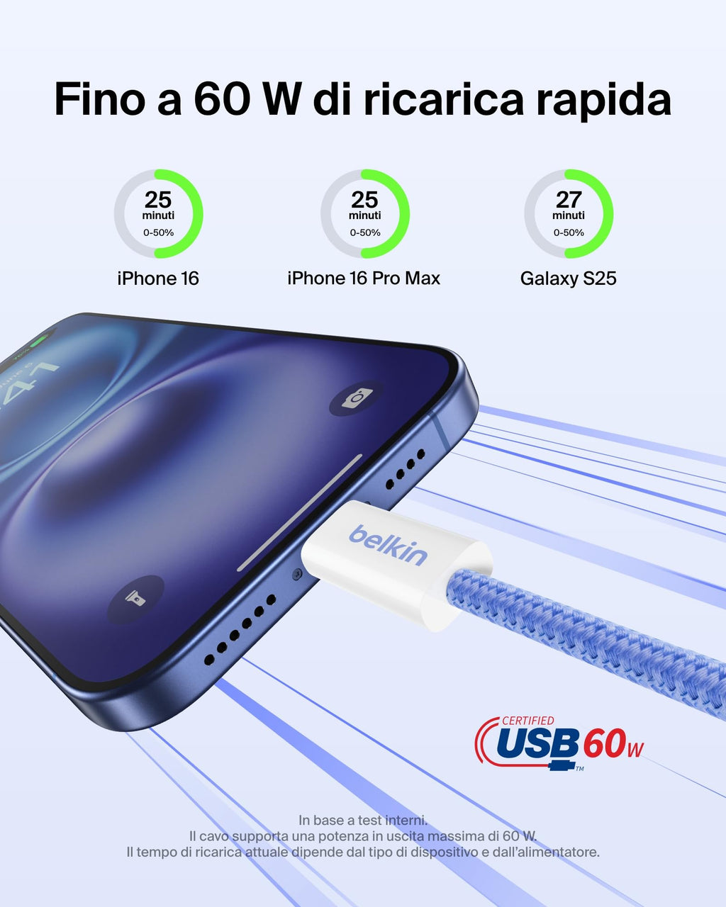 Belkin Confezione da 2 cavi intrecciati da USB-C a USB-C da 1,5 m, 60 W, cavo flessibile per ricarica rapida, cavo Type-C per iPhone 17 e iPhone 16 series, Galaxy S25, Pixel 10, iPad Pro e altri, nero - ChargeCover