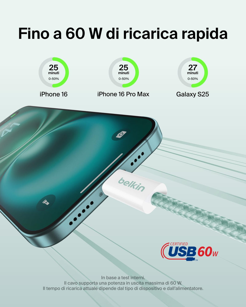 Belkin Confezione da 2 cavi intrecciati da USB-C a USB-C da 1,5 m, 60 W, cavo flessibile per ricarica rapida, cavo Type-C per iPhone 17 e iPhone 16 series, Galaxy S25, Pixel 10, iPad Pro e altri, nero - ChargeCover