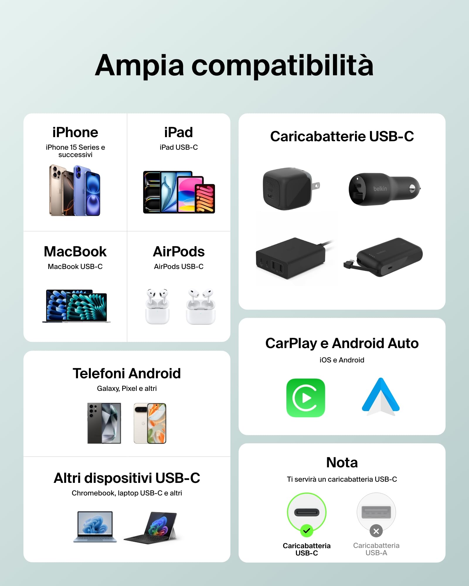 Belkin Confezione da 2 cavi intrecciati da USB-C a USB-C da 1,5 m, 60 W, cavo flessibile per ricarica rapida, cavo Type-C per iPhone 17 e iPhone 16 series, Galaxy S25, Pixel 10, iPad Pro e altri, nero - ChargeCover