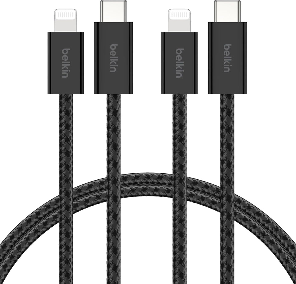 Belkin Confezione da 2 cavi intrecciati USB-C con connettore Lightning da 1,5 m, cavo flessibile per ricarica rapida, cavo Lightning per iPhone 14 e precedenti, iPad 9a gen. e AirPods, nero - ChargeCover