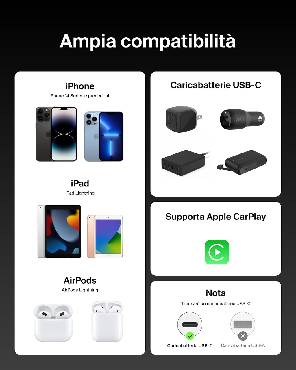Belkin Confezione da 2 cavi intrecciati USB-C con connettore Lightning da 1,5 m, cavo flessibile per ricarica rapida, cavo Lightning per iPhone 14 e precedenti, iPad 9a gen. e AirPods, nero - ChargeCover