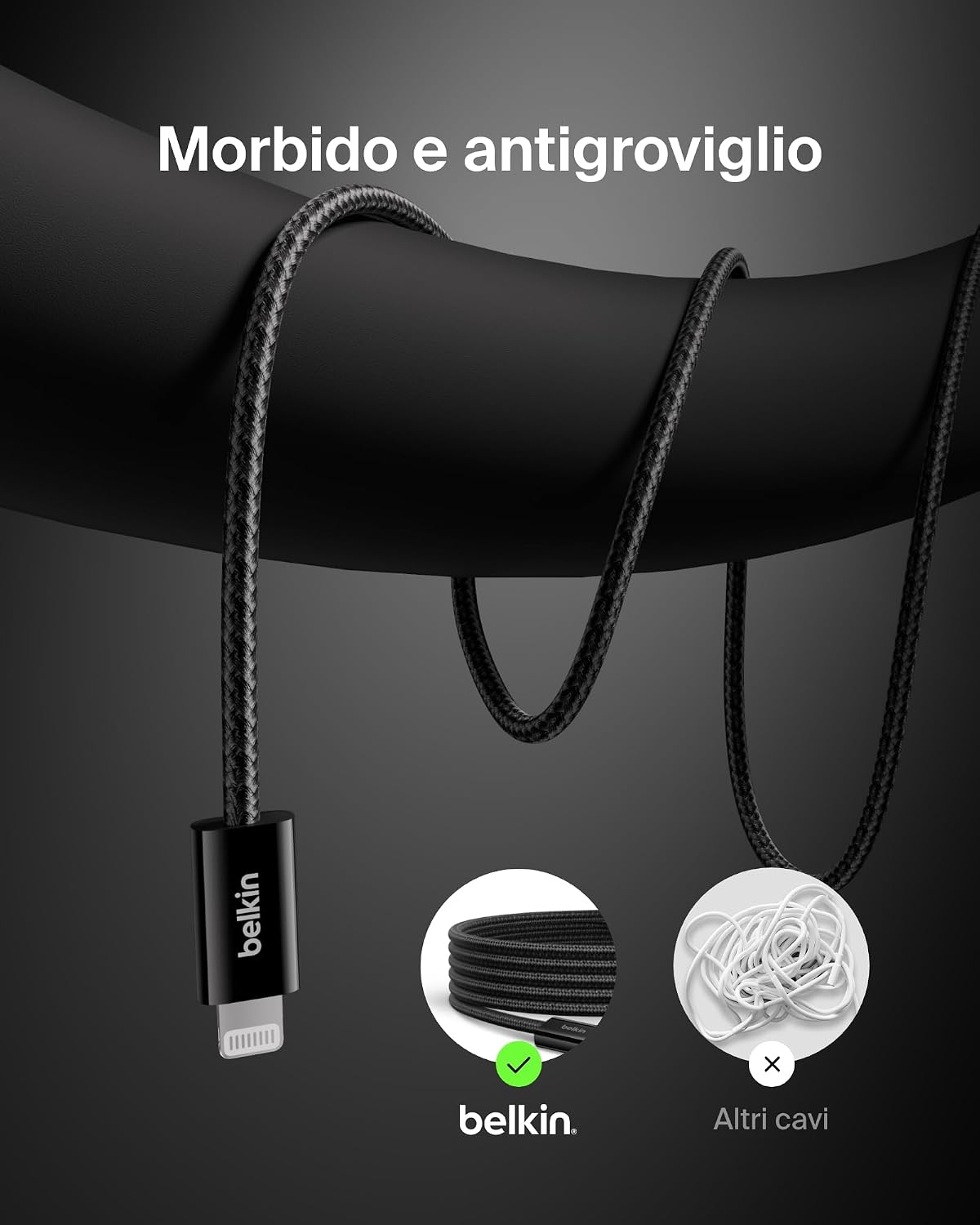 Belkin Confezione da 2 cavi intrecciati USB-C con connettore Lightning da 1,5 m, cavo flessibile per ricarica rapida, cavo Lightning per iPhone 14 e precedenti, iPad 9a gen. e AirPods, nero - ChargeCover