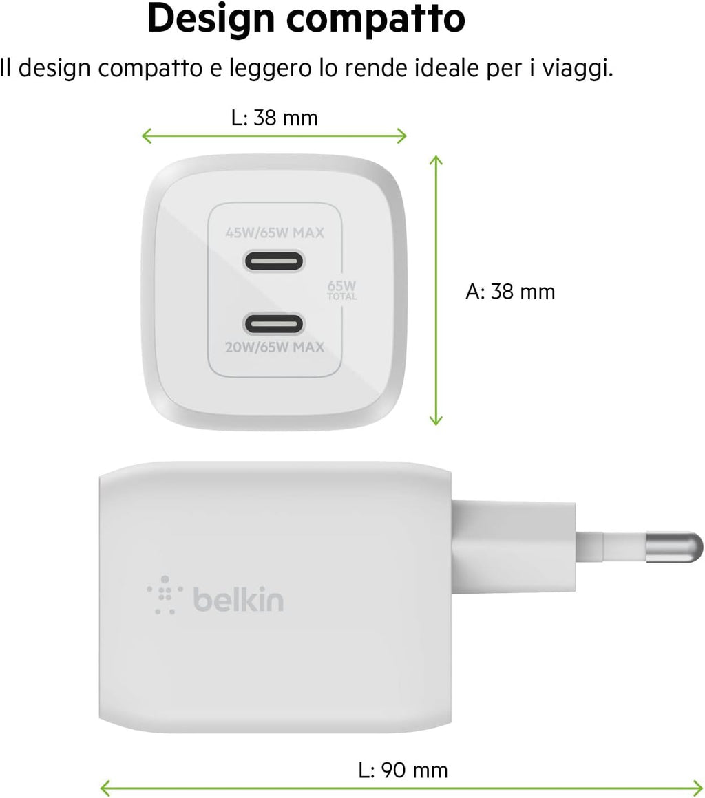 Belkin Doppio caricabatteria da parete USB-C da 65 W, ricarica rapida PD 3.0, caricatore USB C con tecnologia GaN per iPhone 16, 15, 14, 13, 12, Pro, Pro Max, iPad, MacBook, Galaxy S24, S23, S22, Tab - ChargeCover