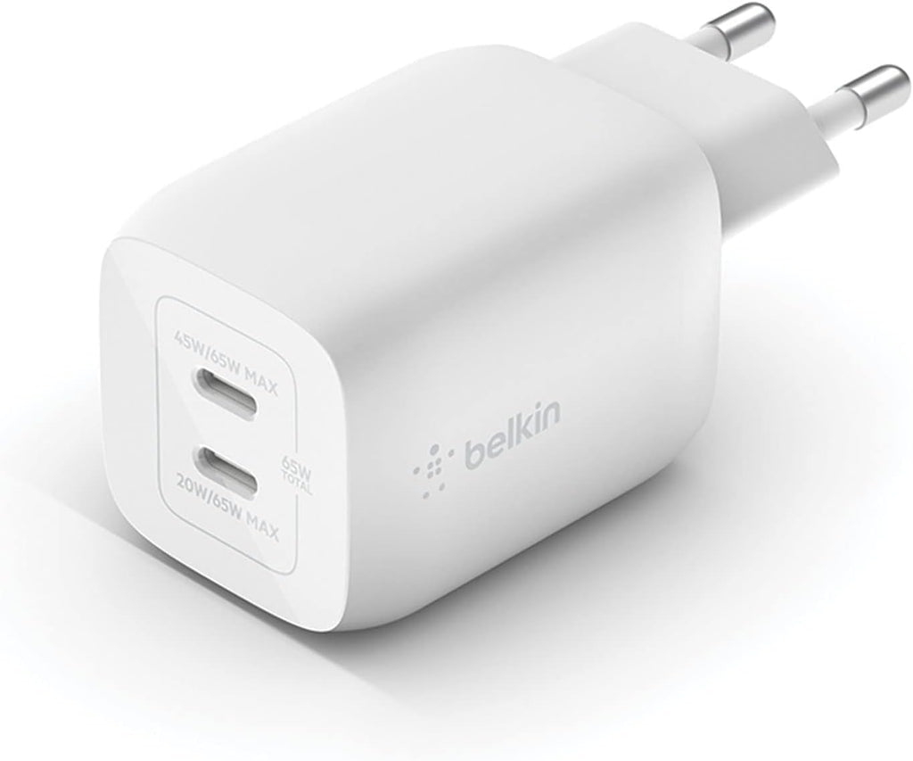 Belkin Doppio caricabatteria da parete USB-C da 65 W, ricarica rapida PD 3.0, caricatore USB C con tecnologia GaN per iPhone 16, 15, 14, 13, 12, Pro, Pro Max, iPad, MacBook, Galaxy S24, S23, S22, Tab - ChargeCover