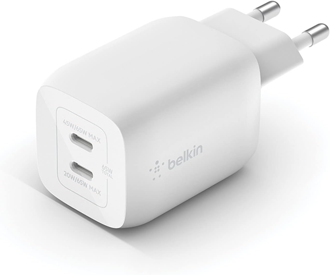 Belkin Doppio caricabatteria da parete USB-C da 65 W, ricarica rapida PD 3.0, caricatore USB C con tecnologia GaN per iPhone 16, 15, 14, 13, 12, Pro, Pro Max, iPad, MacBook, Galaxy S24, S23, S22, Tab - ChargeCover