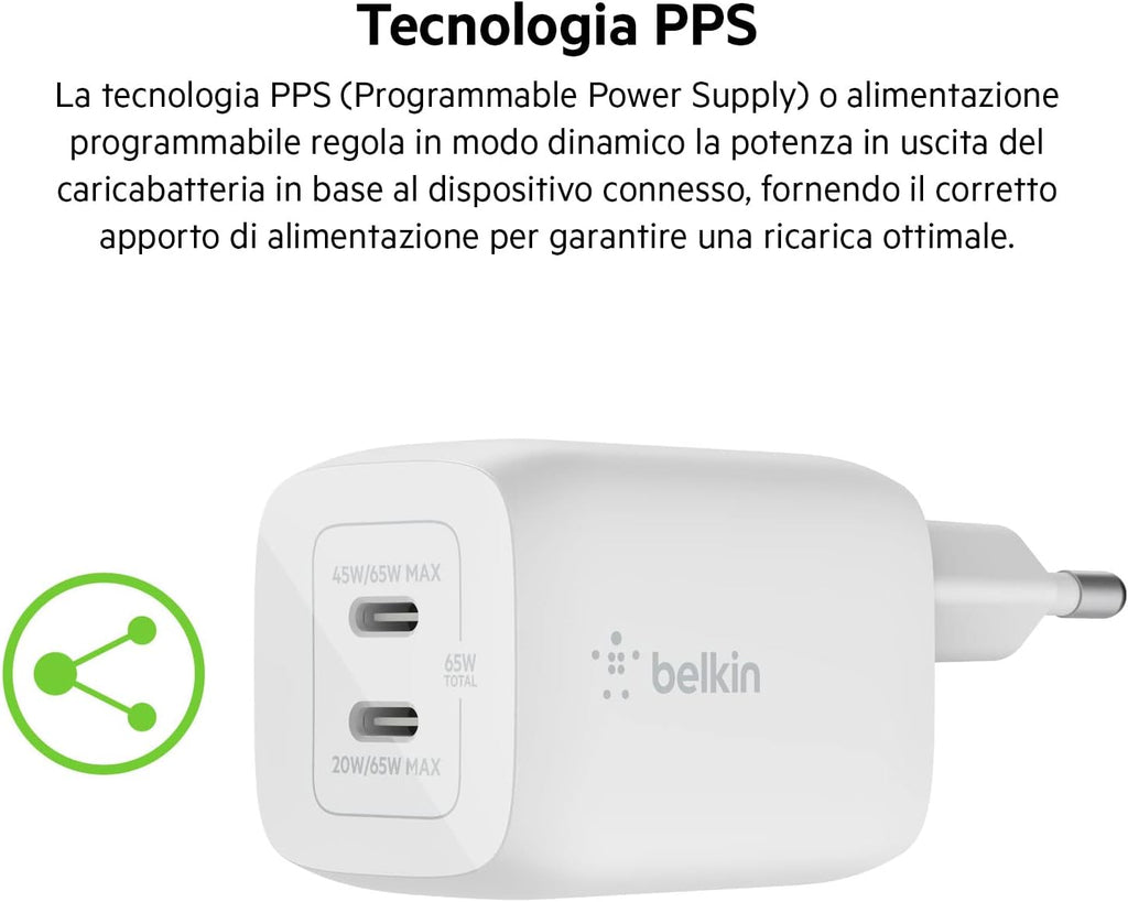 Belkin Doppio caricabatteria da parete USB-C da 65 W, ricarica rapida PD 3.0, caricatore USB C con tecnologia GaN per iPhone 16, 15, 14, 13, 12, Pro, Pro Max, iPad, MacBook, Galaxy S24, S23, S22, Tab - ChargeCover