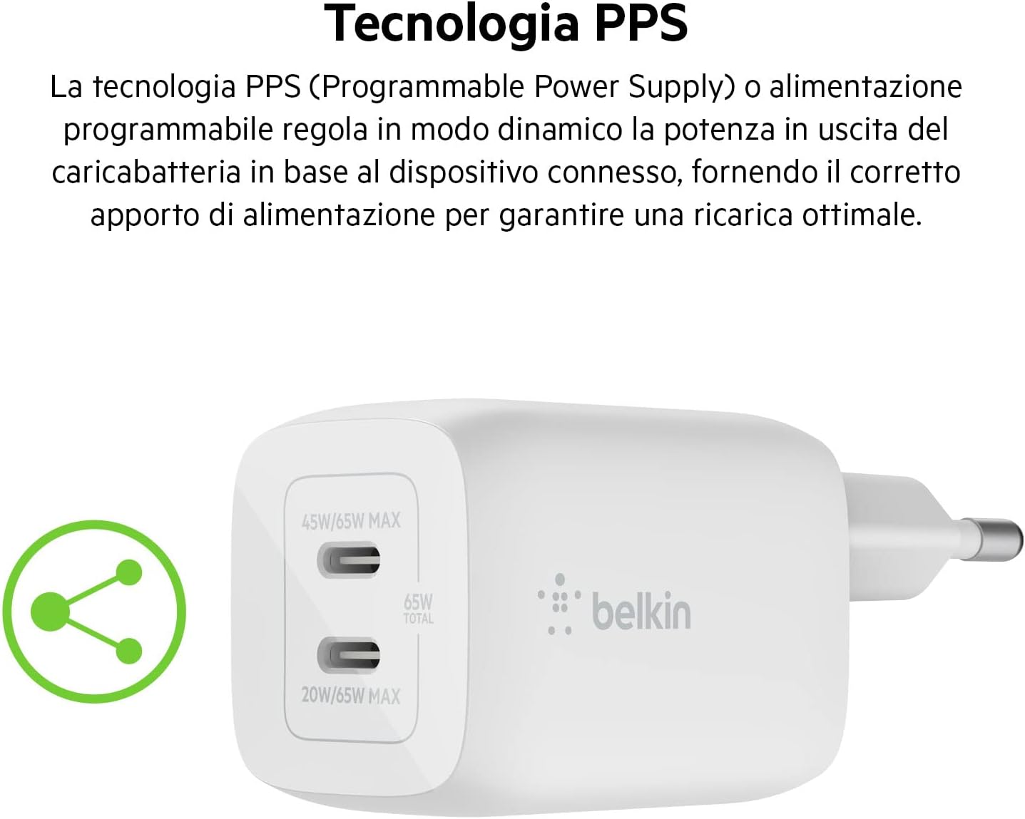 Belkin Doppio caricabatteria da parete USB-C da 65 W, ricarica rapida PD 3.0, caricatore USB C con tecnologia GaN per iPhone 16, 15, 14, 13, 12, Pro, Pro Max, iPad, MacBook, Galaxy S24, S23, S22, Tab - ChargeCover