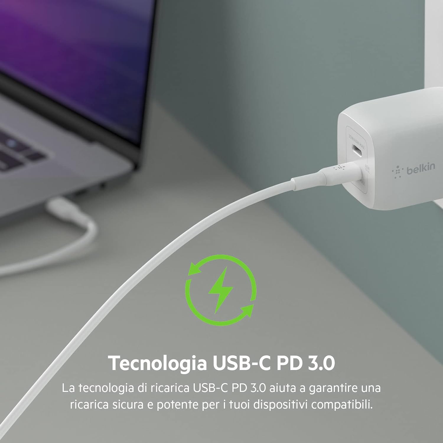 Belkin Doppio caricabatteria da parete USB-C da 65 W, ricarica rapida PD 3.0, caricatore USB C con tecnologia GaN per iPhone 16, 15, 14, 13, 12, Pro, Pro Max, iPad, MacBook, Galaxy S24, S23, S22, Tab - ChargeCover